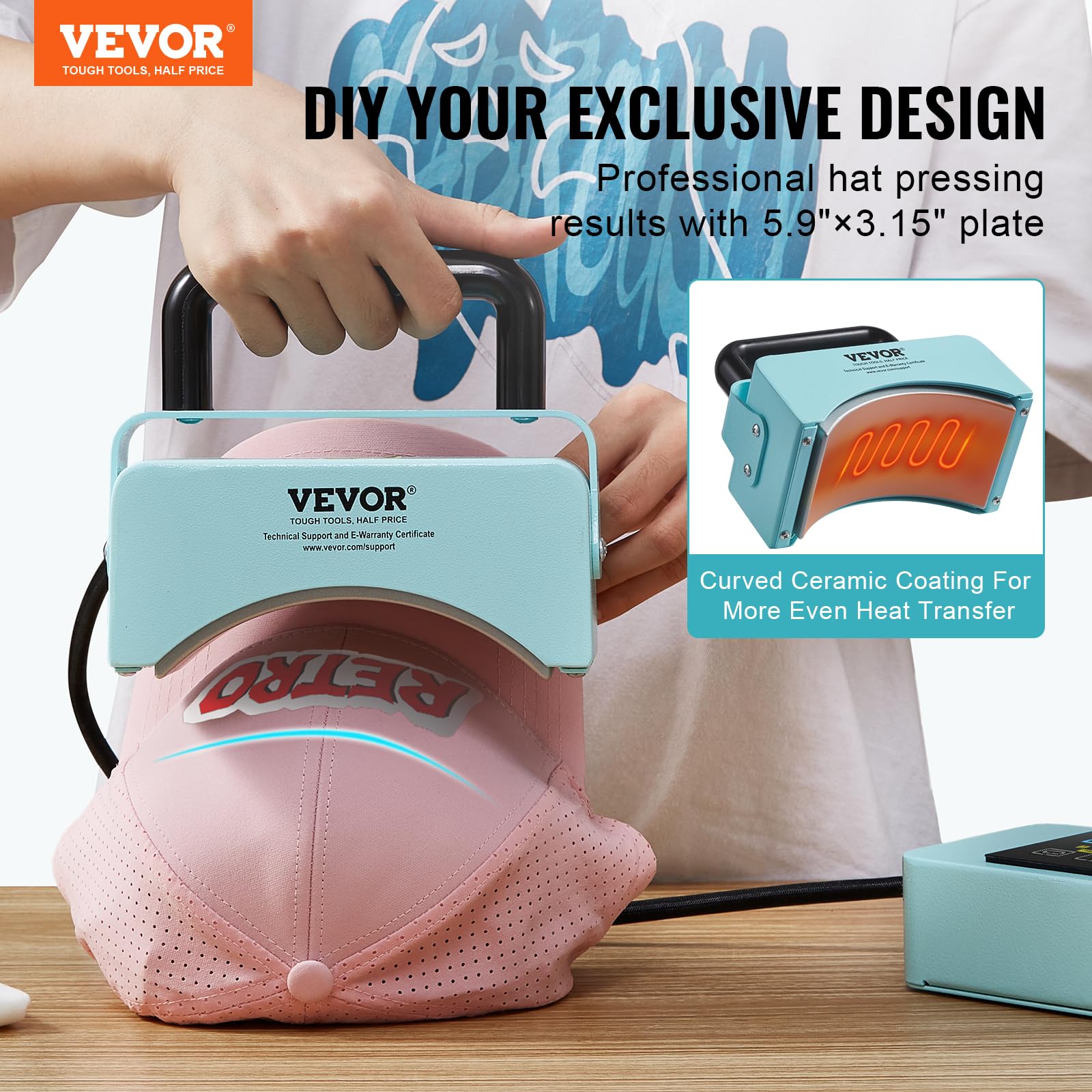 VEVOR Mini Hat Heat Press Machine for Caps - 5.9x3.15 Inch Curved Heating Plate with Safety Base, Glove & Auto Shut-Off - Perfect for Custom Hat Printing, DIY Projects & Small Business Use