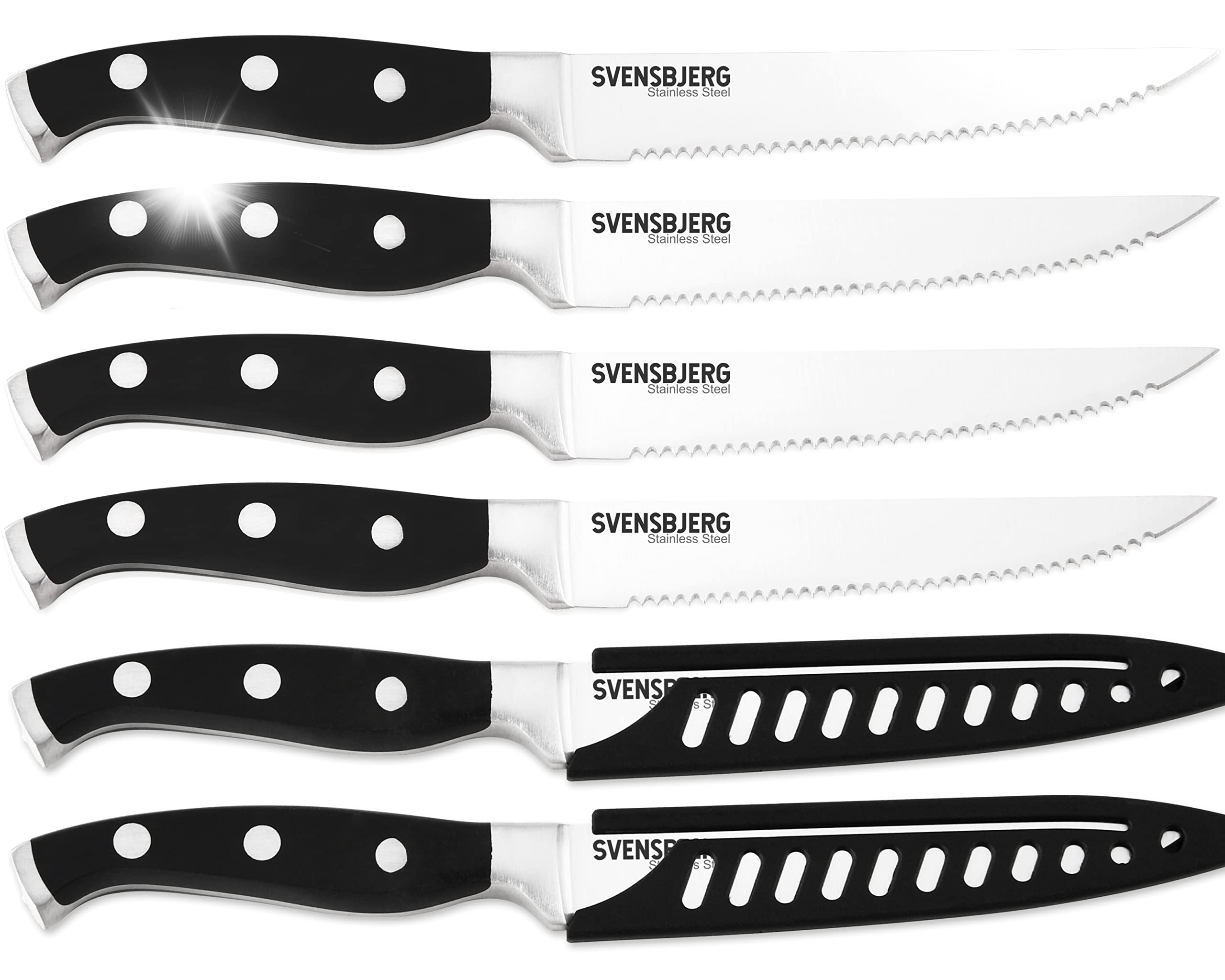 Premium Serrated Steak Knife Set - 6-Piece Stainless Steel Dinner Knives with Protective Covers | Sharp Kitchen Cutlery for Steakhouse Experience, BBQ Parties & Fine Dining | SB-SK201