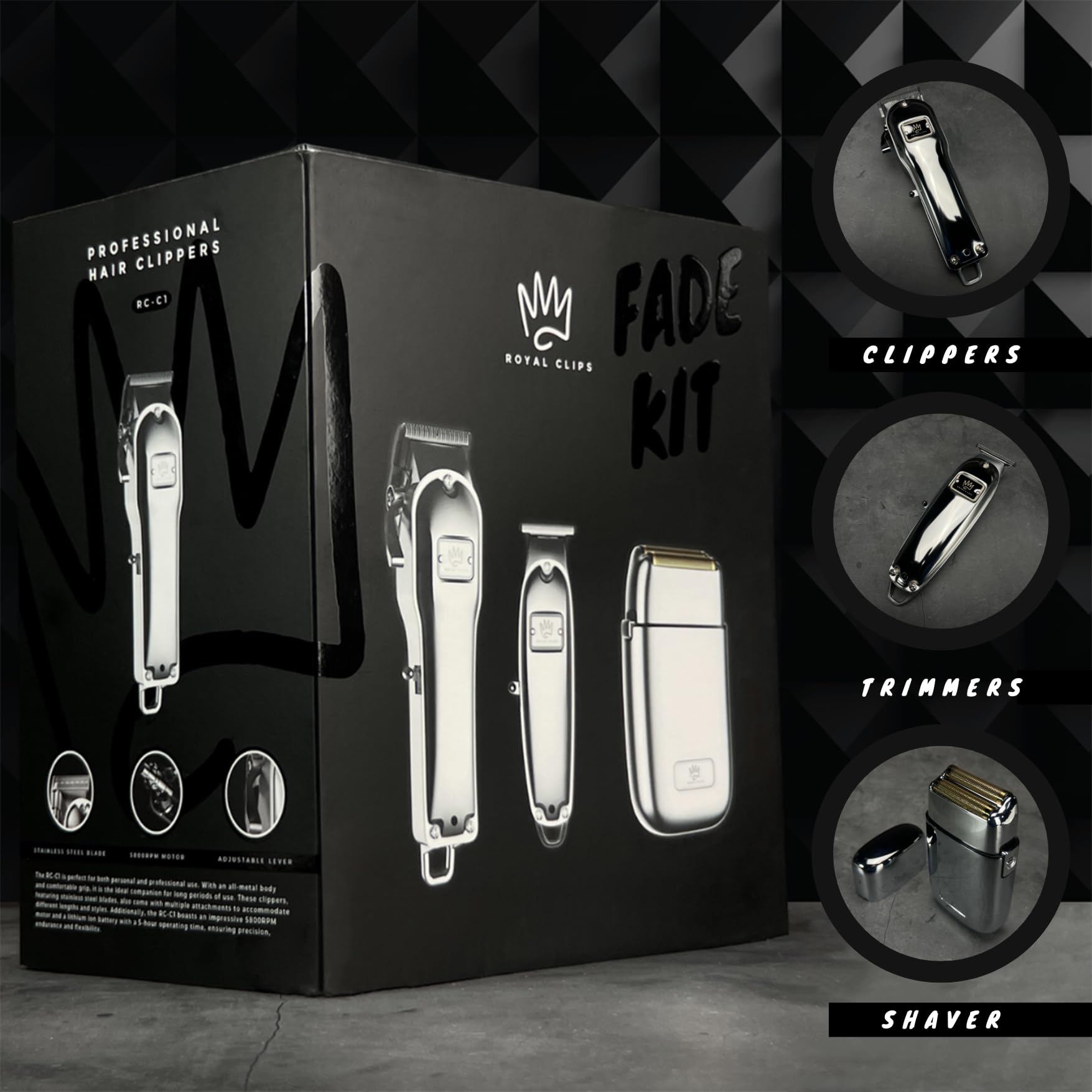 Royal Clips Hair and Beard Fade Kit 2.0 – Professional Men's Hair Clipper, Trimmer & Foil Shaver Set with 10 Guide Combs & 5-Hour Battery – Barber & Home Grooming Kit for Fades, Buzz Cuts & Styling – Silver