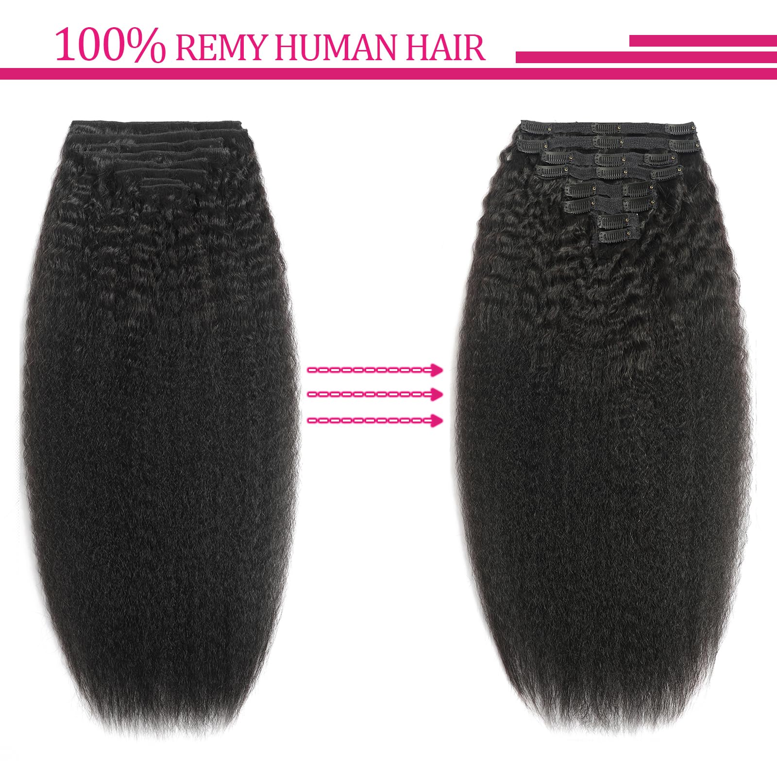 Kinky Straight Clip-In Hair Extensions 20 Inch - 8Pcs 120g Real Human Brazilian Remy Hair - Natural Black Double Weft for Women | Perfect for Volume, Length & Styling for Parties, Weddings & Daily Wear