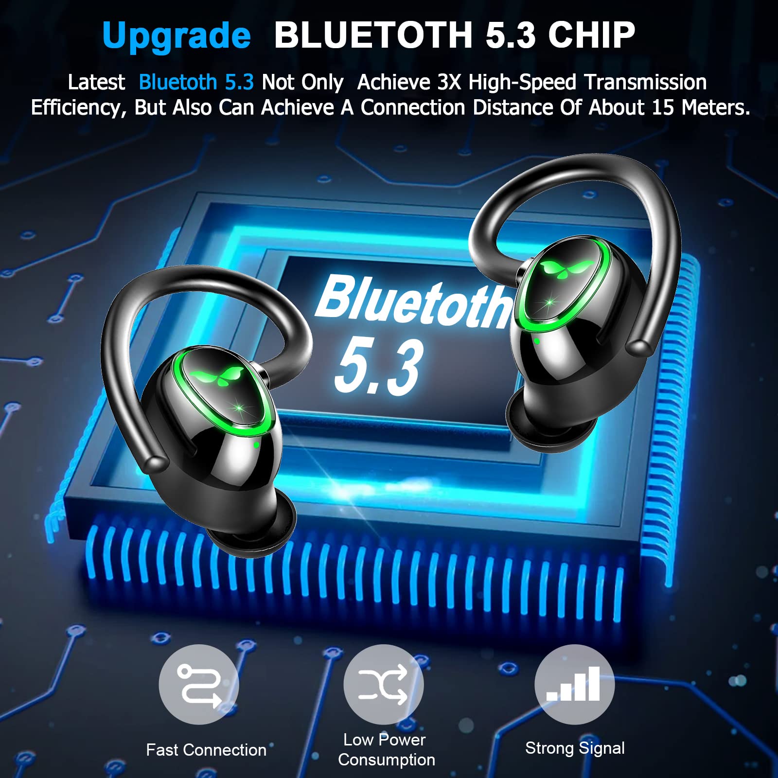 **Wireless Earbuds Bluetooth 5.3 with Dual Mic Noise Cancelling, IP7 Waterproof Sport Earhook Headphones, 48H Playtime & LED Display, USB-C Charging – Perfect for Running, Gym & Travel**
