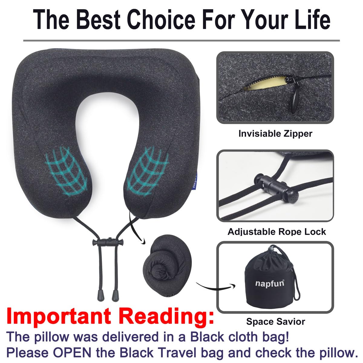 NapFun Upgraded 100% Pure Memory Foam Travel Neck Pillow for Airplane Sleeping - Ergonomic Headrest Support for Long Flights, Portable Travel Accessory (Full Black) - Perfect for Business Trips, Road Trips & Camping