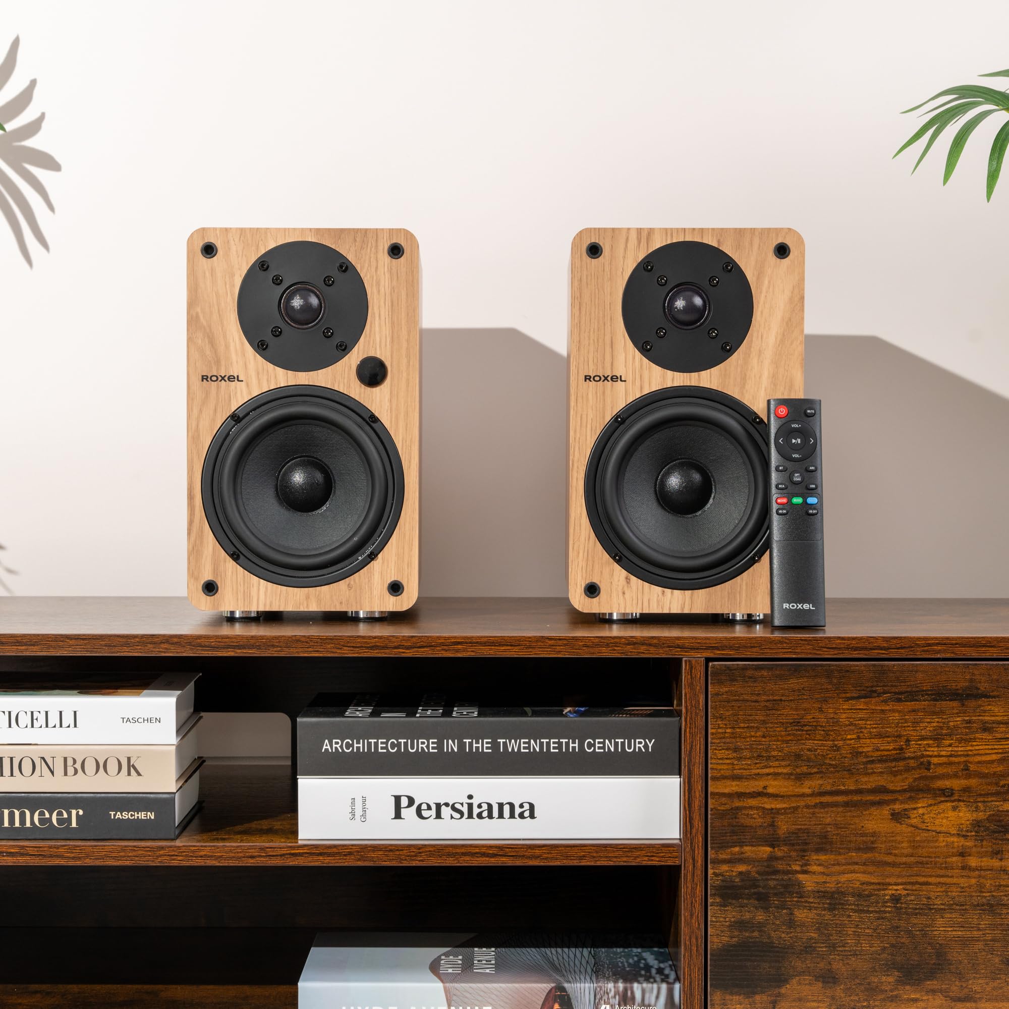 Roxel Onyx Active Bookshelf Speakers - 100W RMS Power, Bluetooth 5.0 Wireless Streaming, HDMI ARC, 3m Speaker Cable - Premium Sound for Home Theater, Music & Office Use (Oak Finish) - Perfect for Movie Nights, Gaming & Audiophile Listening
