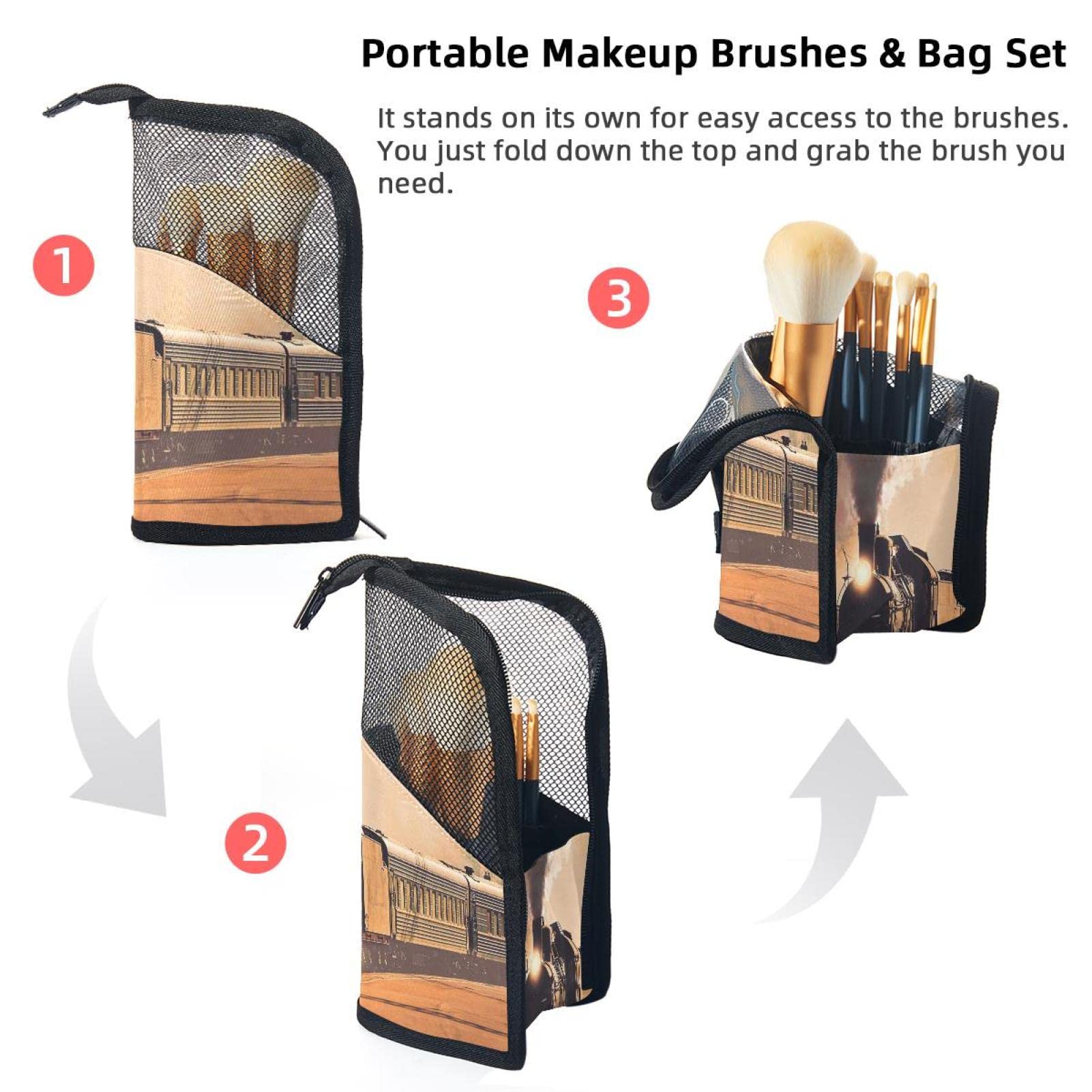 12-Piece Makeup Brush Organizer Bag with Portable Holder Case - Perfect for Travel, Home & Professional Makeup Artists | Traditional Steam Train Design