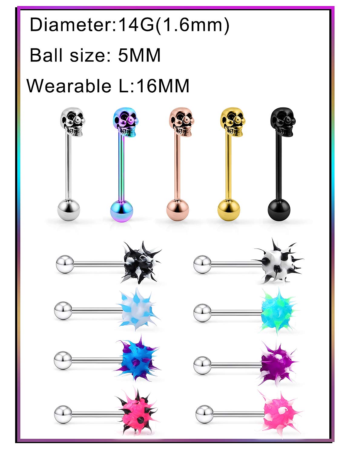 14G Surgical Steel Tongue Rings - 13PCS Skull & Koosh Spiky Tongue Jewelry Set with Silicone Soft Spike Balls for Men & Women | Perfect for Piercing Enthusiasts, Alternative Fashion & Self-Expression