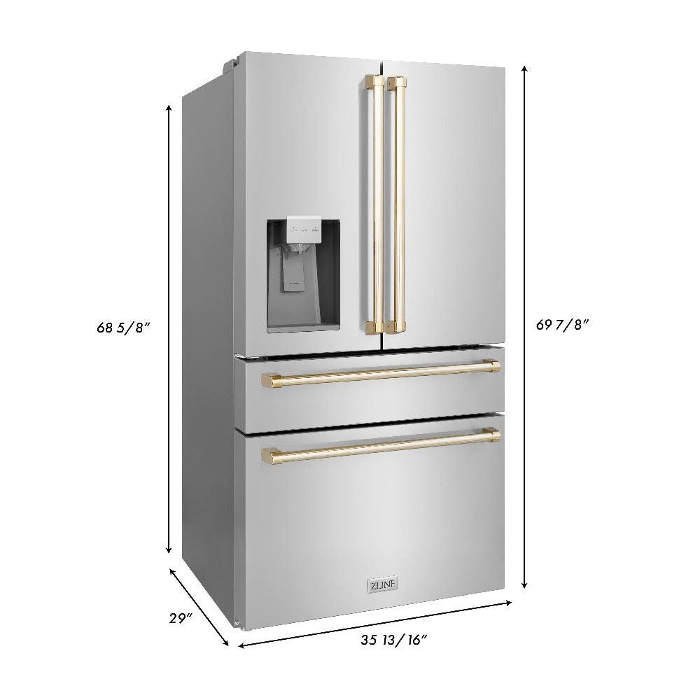 ZLINE Autograph Edition 36-inch Stainless Steel Dual Fuel Range Kitchen Package with Range Hood, Dishwasher & Refrigerator - External Water Dispenser & Polished Gold Accents (4AKPR RARHDWM36 G) | Premium Kitchen Appliances for Modern Homes & Professional Chefs