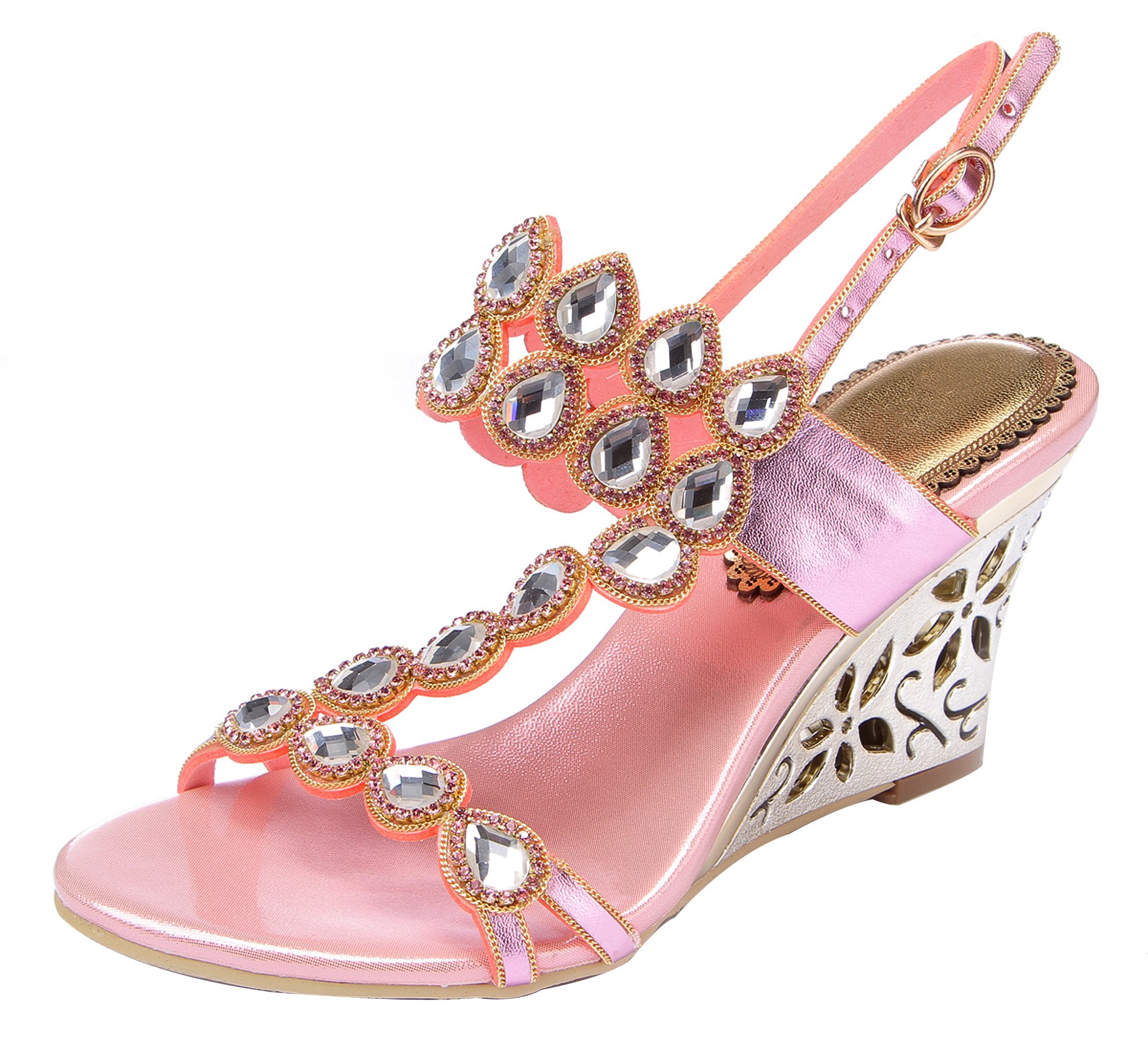 Honeystore Women's Rhinestone Strappy Wedge Sandals with Water Pattern Design - Perfect for Beach Vacations, Summer Parties & Casual Outings