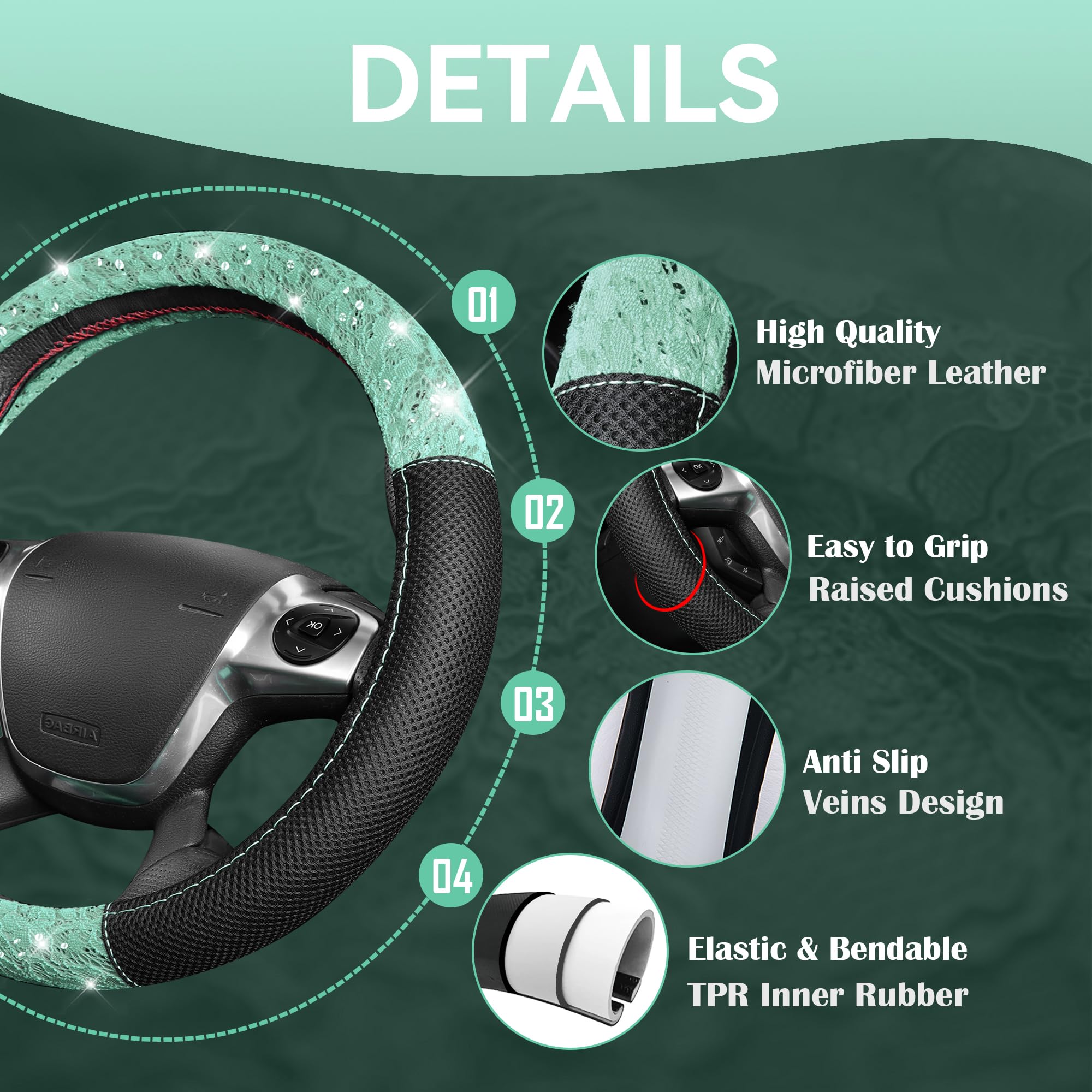 Universal Mint Leather Lace Car Seat Covers Full Set with Waterproof Floor Mats & Glitter Steering Wheel Cover - 10PC Car Interior Accessories for Women | Perfect for Daily Commute, Road Trips & Car Decor