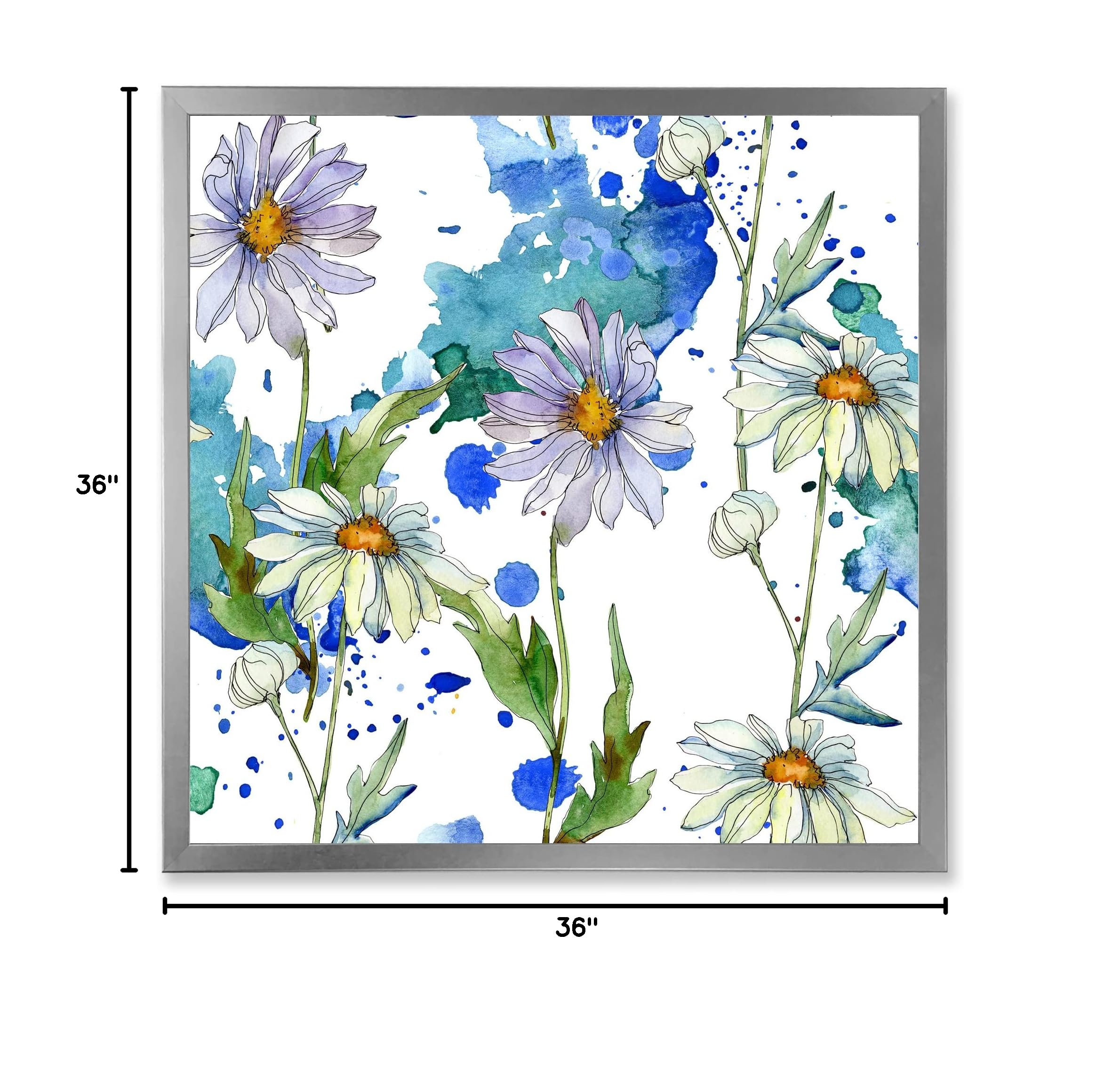 Daisies With Green Leaves II Traditional Framed Wall Art - Floral Home Decor for Living Room, Bedroom & Office - Ready to Hang Canvas Painting