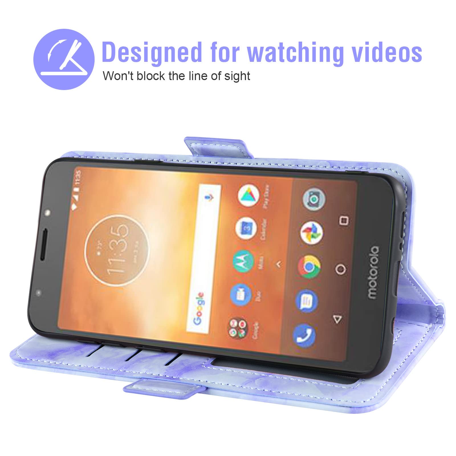 ASUWISH Marble Flip Wallet Phone Case with Card Holder & Kickstand + Tempered Glass Screen Protector for Motorola Moto E5 Play/E5 Cruise/5E/Go - Purple | Stylish Protection for Everyday Use & Travel
