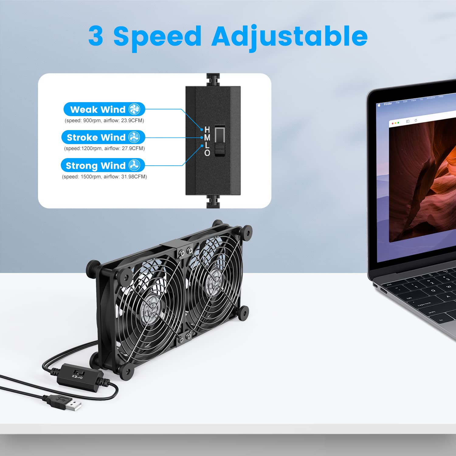 ELUTENG Dual USB 120mm High-Speed Computer Cooling Fan with Adjustable 5V USB Port, 12cm Heatsink for Laptop, Receiver, DVR, PlayStation, Xbox, Desk, and Cabinet Cooling - Perfect for Gaming and Home Office Use