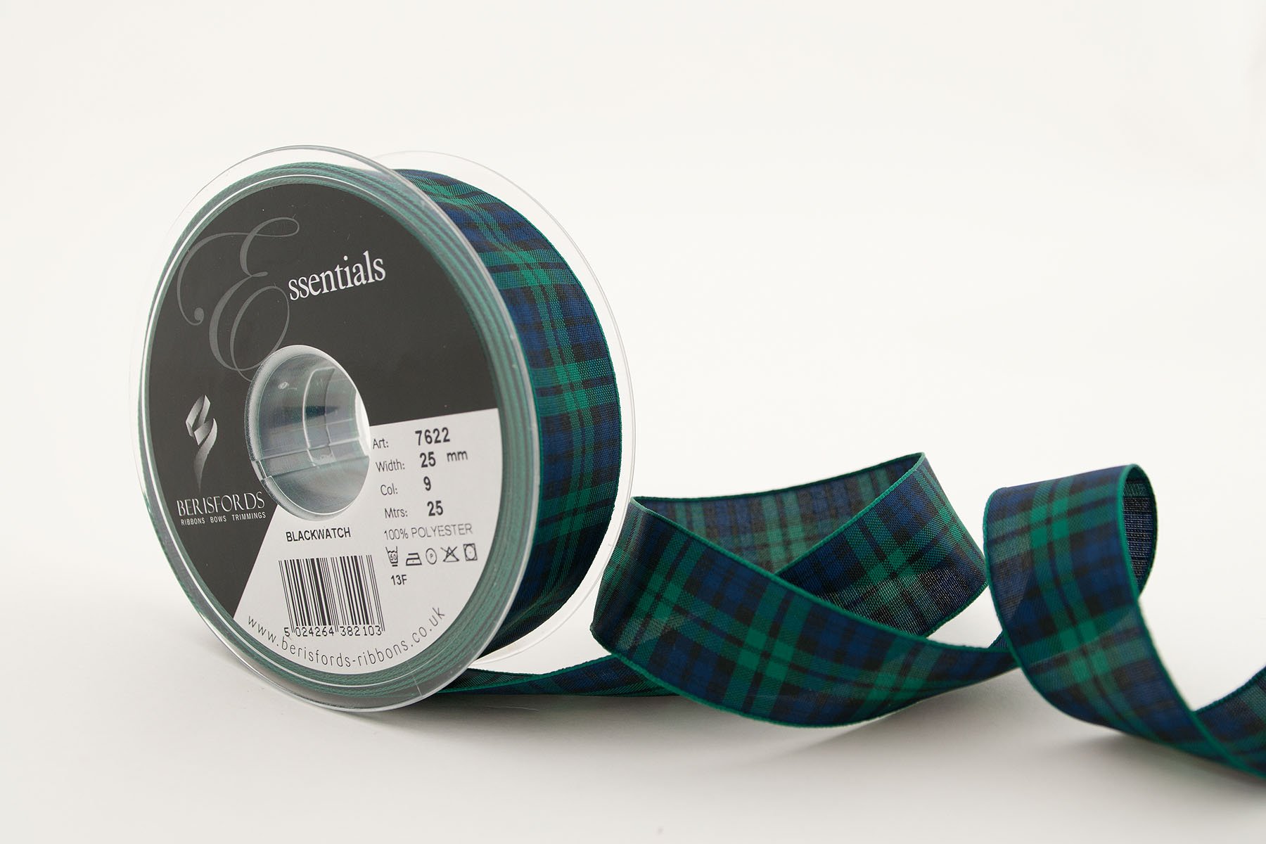 Berisfords Premium Black Tartan Ribbon - 1 Inch Wide Scottish Plaid Grosgrain Ribbon for Gift Wrapping, Crafts, Hair Bows, and DIY Decorations