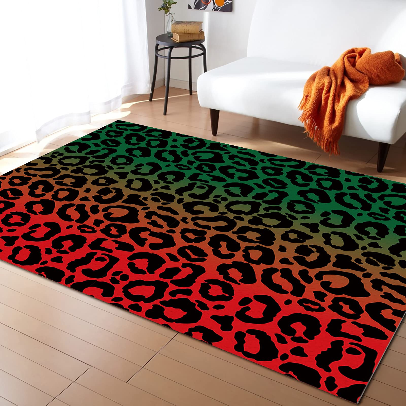 Soft Leopard Print Area Rug - Animal Skin Texture Indoor Carpet for Bedroom, Living Room & Kids Room | Non-Slip Comfy Floor Mat with Red Green Gradient Back | Home Decor Accent Rug for Cozy Spaces