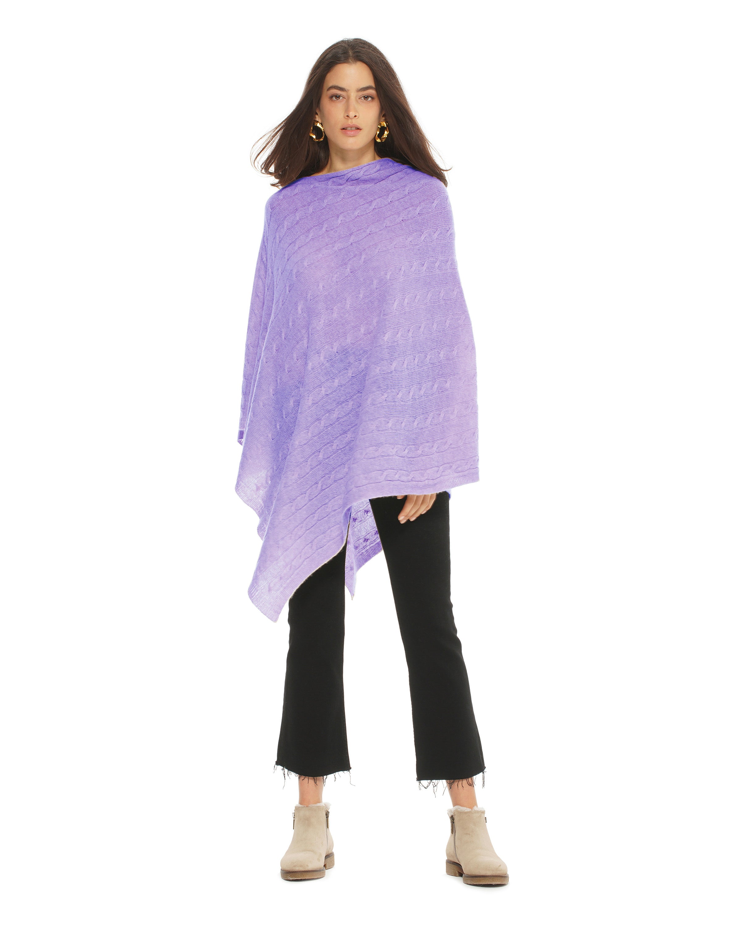 Women's Pure Cashmere Cable Knit Poncho - Soft Lavender Winter Wrap for Women | Cozy Fall & Winter Fashion Accessory for Office, Travel & Outdoor