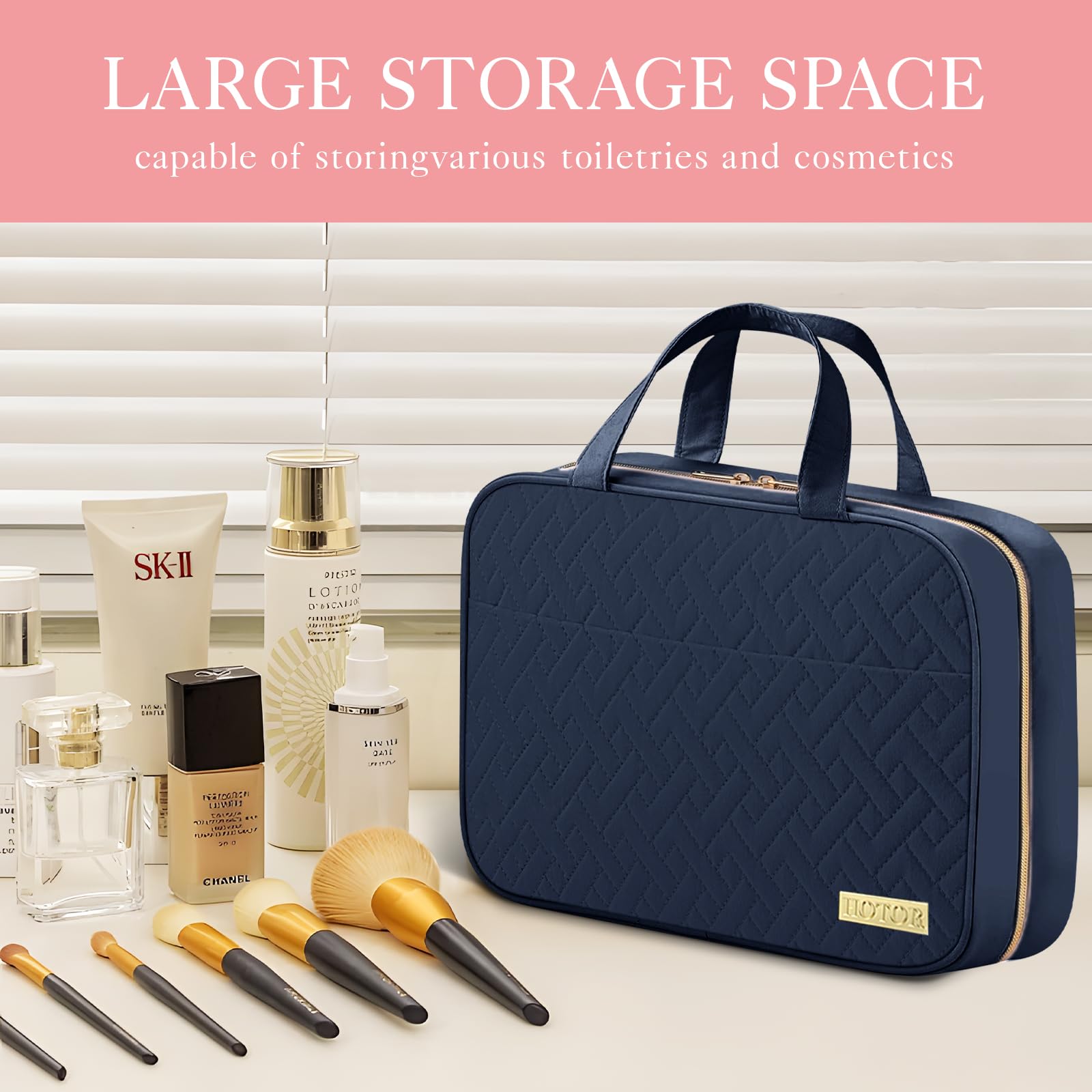 HOTOR Hanging Travel Toiletry Bag for Women & Men - Waterproof Makeup Organizer with Spacious Compartments - Perfect for Cosmetics, Toiletries & Travel Essentials (Medium, Navy Blue) - Ideal for Airplane, Camping & Business Trips