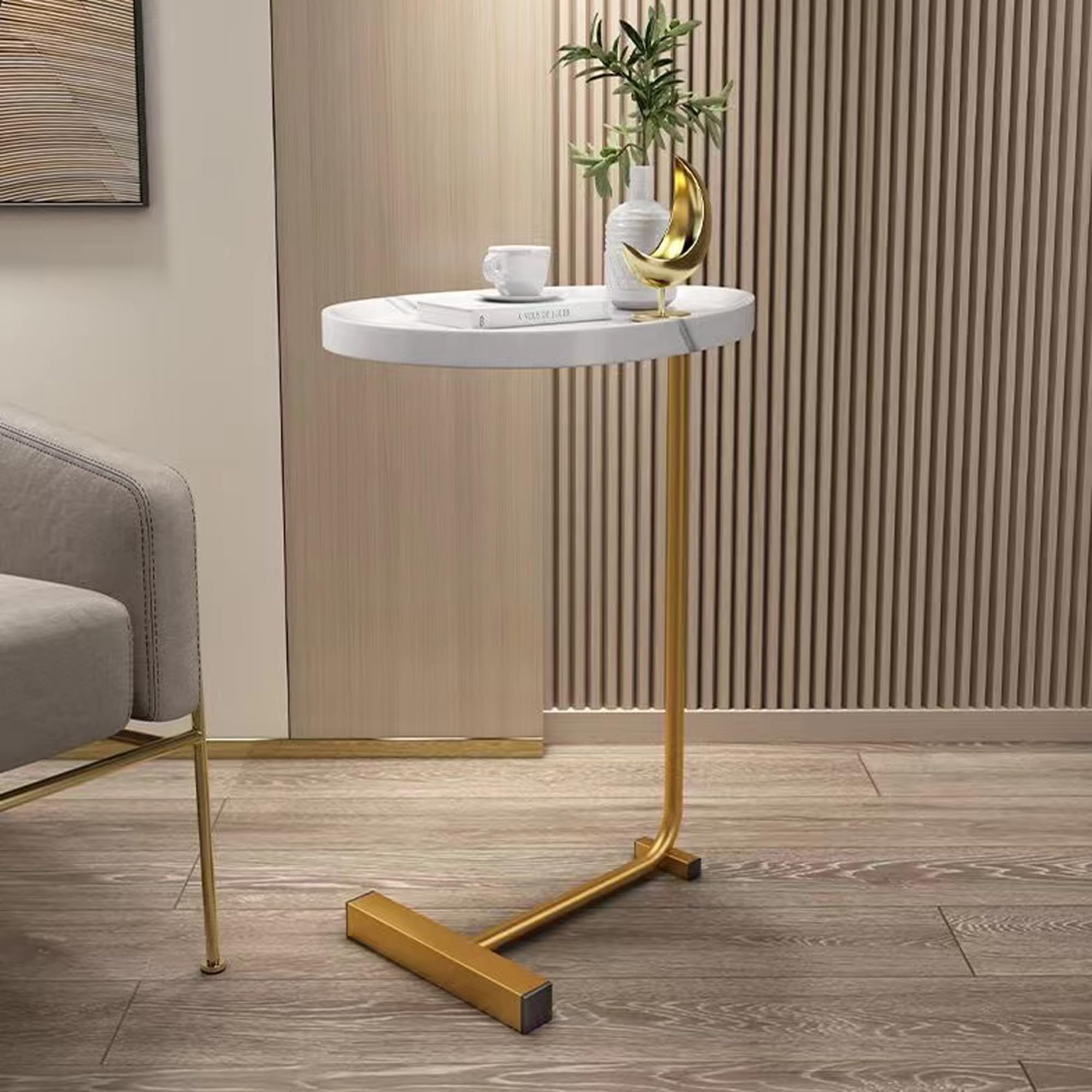 2-Piece White C-Shaped End Table Set with Metal Frame - Small Side Tables for Couch, Sofa, Living Room, Bedroom & Bedside - Perfect as TV Tray Tables or Nightstands