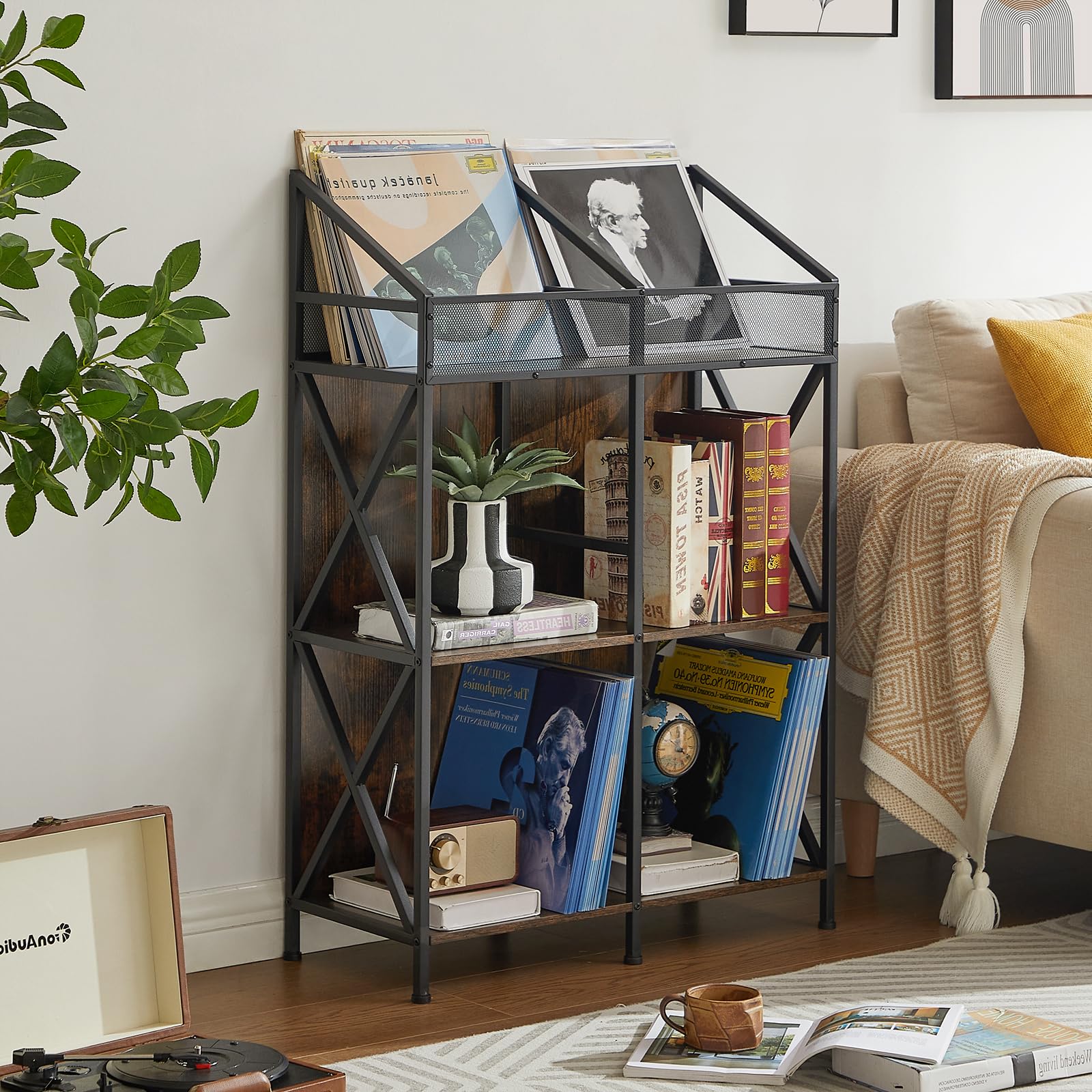 6 Grids Vinyl Record Storage Rack - Wooden Display Shelf for Albums, Books, Magazines & Files - Perfect for Living Room, Bedroom & Home Office Organization - Patent Pending