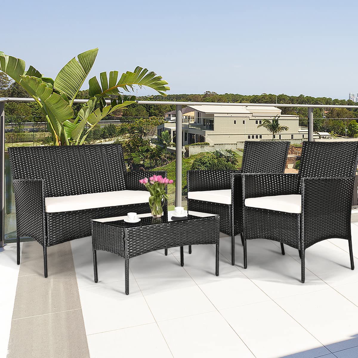 HappyGrill 4-Piece Patio Furniture Set - Rattan Wicker Outdoor Conversation Set with Sofa, Chairs & Coffee Table for Garden, Lawn, Poolside - Perfect for Backyard Relaxation & Outdoor Entertaining