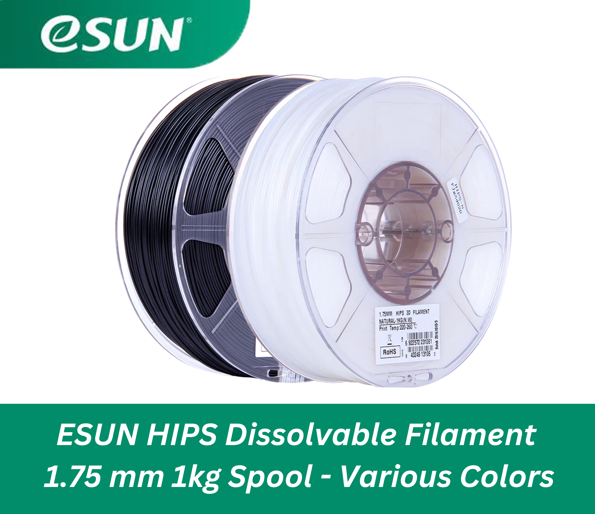 ESUN HIPS Dissolvable 3D Printer Filament 1.75mm 1kg Spool - High Impact Polystyrene for Support Structures, Multi-Color Options - Perfect for 3D Printing, Prototyping & Model Making