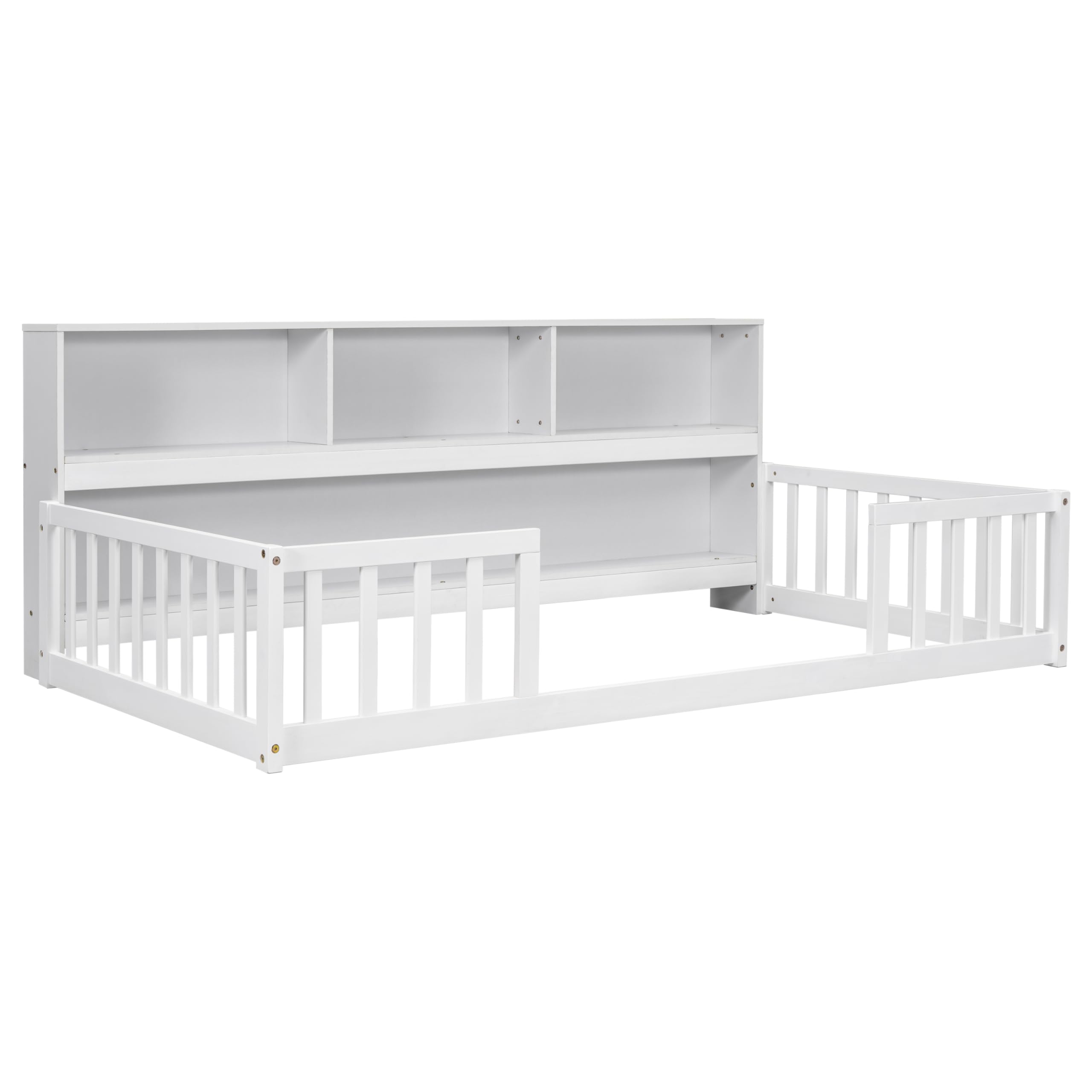 Bellemave Montessori Floor Bed for Kids - Twin Size with Bookcase & Shelves - Sturdy Wooden Bed Frame for Boys & Girls - White - Perfect for Montessori Bedrooms, Playrooms & Cozy Reading Nooks