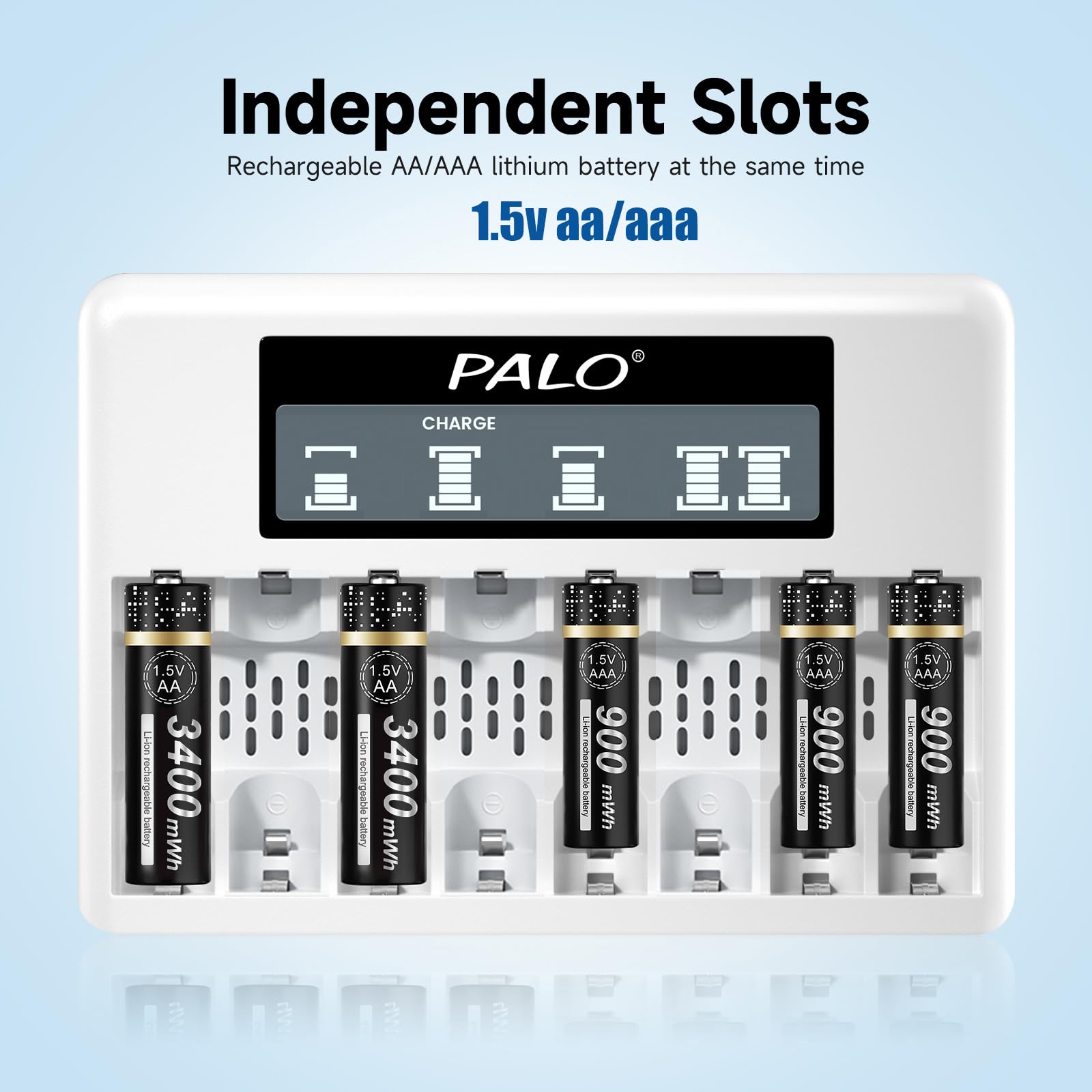 Palogreen 1.5V AA Rechargeable Lithium Batteries 3400mWh 8-Pack with LCD Display Charger - High Capacity Li-ion Battery for AA/AAA Devices - Perfect for Cameras, Toys, Flashlights & Electronics