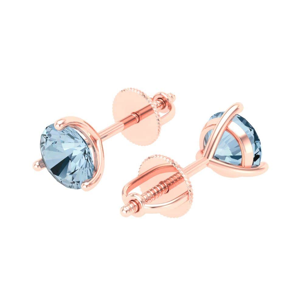 1.94cttw Natural Light Sea Blue Aquamarine Stud Earrings for Women & Men - Round Cut Solitaire Martini Setting in 14k Rose Gold with Screw Back - Perfect for Weddings, Parties & Everyday Elegance