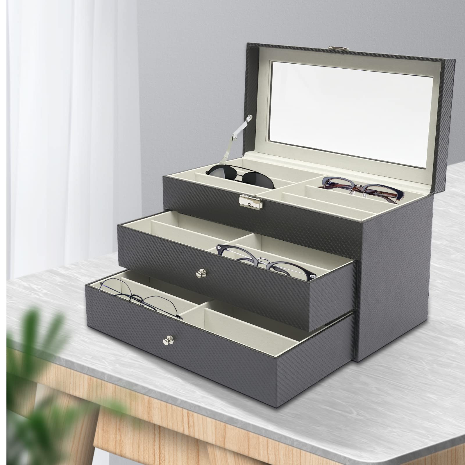 DNYSYSJ 18 Grids Sunglasses Storage Box - Eyewear Display Case with Lock - Perfect for Retail Stores, Home Organization & Travel Accessories