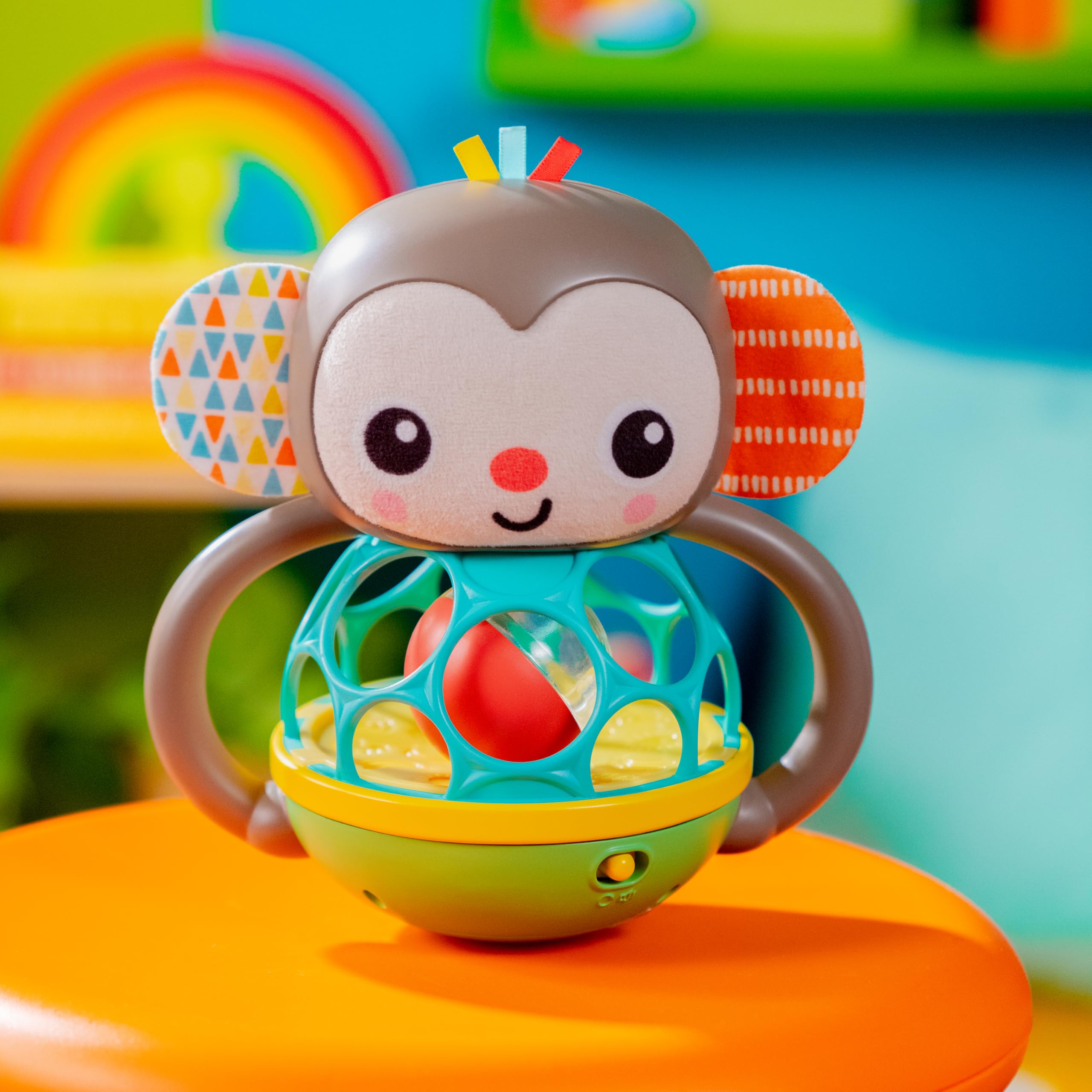Bright Starts Grab & Giggle Musical Light-Up Monkey Rattle Toy with Easy-Grip Oball - Interactive Baby Toy for 6+ Months - Perfect for Tummy Time, Sensory Play & Early Development