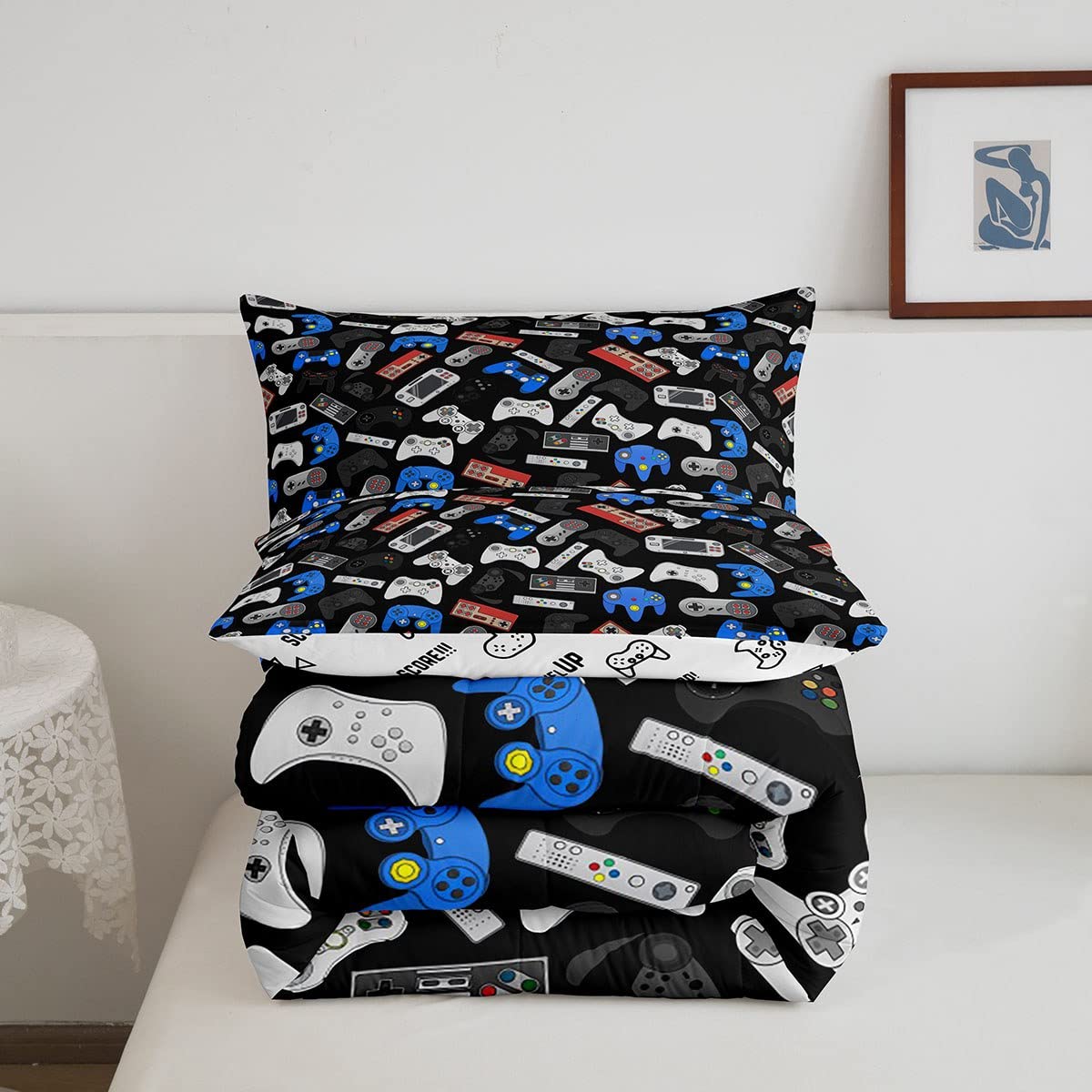 Feelyou Video Game Comforter Set - Gaming Bedding with Console Gamepad Print, Quilted Duvet Cover & 2 Pillowcases (Full Size, 3Pcs, Black) - Perfect for Gamers' Bedroom Decor & Gaming Themed Sleepovers
