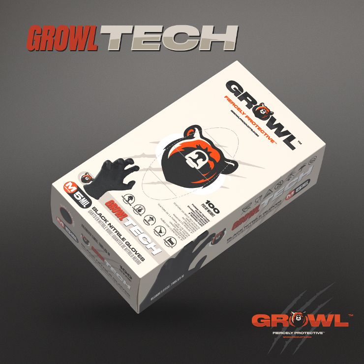 Growltech 5M Black Nitrile Exam Gloves XL - 1000 Gloves/Case (10 Boxes of 100) - Latex-Free, Powder-Free, Disposable Medical Gloves for Healthcare, Tattoo, Cleaning & Food Handling