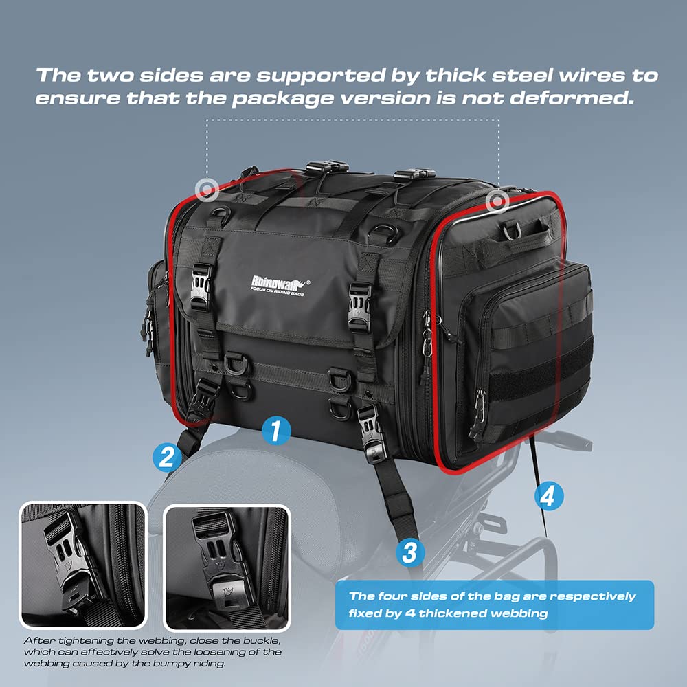 Rhinowalk 60L Expandable Waterproof Motorcycle Tail Bag - All Weather Travel Luggage with Sissy Bar Straps for Trunk & Rack (Black) | Perfect for Long Distance Rides, Commuting & Adventure Touring