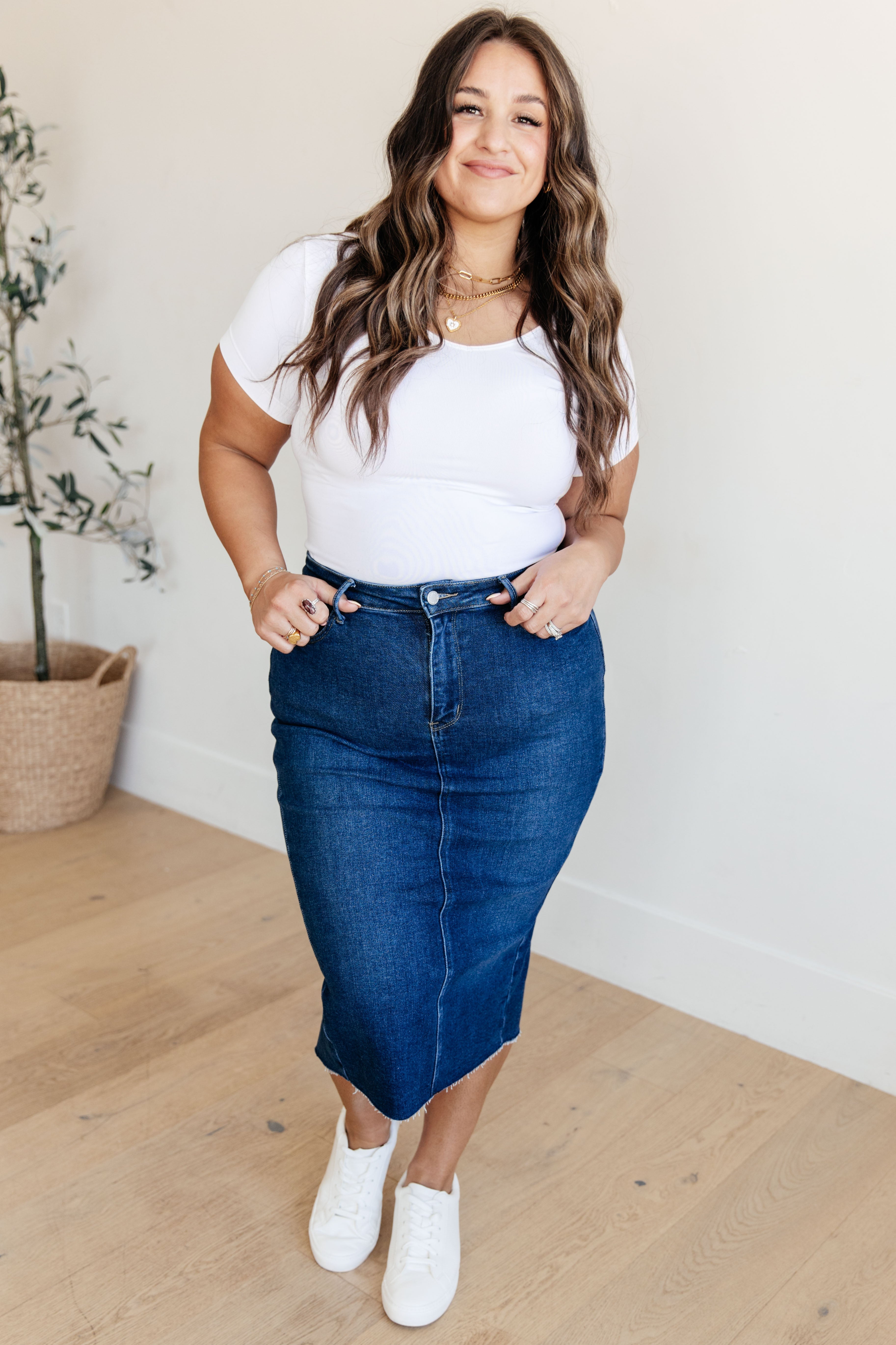 Marcy High Rise Denim Midi Skirt for Women - Stretchy Comfort Fit A-Line Denim Skirt | Perfect for Casual Outfits, Office Wear & Date Nights