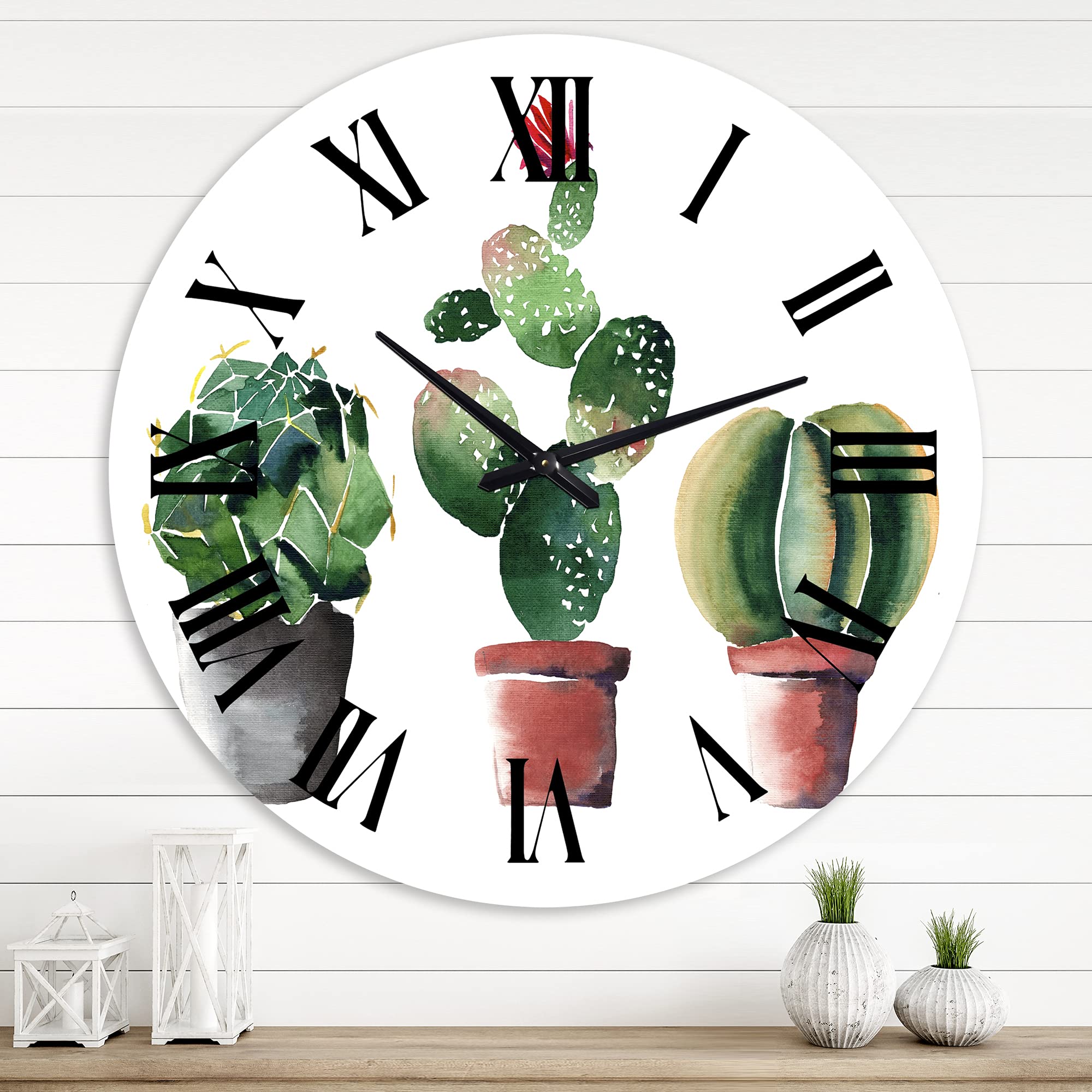 DesignQ Traditional Wall Clock 'Three Cactus in Clay Pots' - Large Floral & Botanical Wall Clock for Home, Office, Kitchen Decor - Perfect for Farmhouse, Boho & Rustic Interior Design Styles