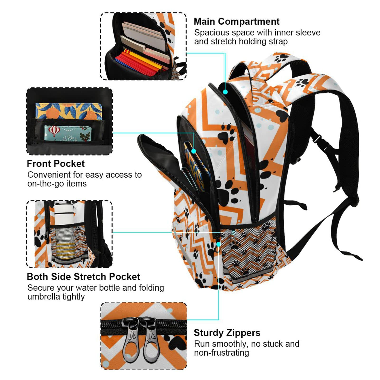 Acpiggto Laptop Backpack - Stylish Cat & Dog Paw Print Rucksack for Travel, Hiking, Gym & Camping | Durable Orange & Black Striped Daypack for Work, School & Outdoor Adventures