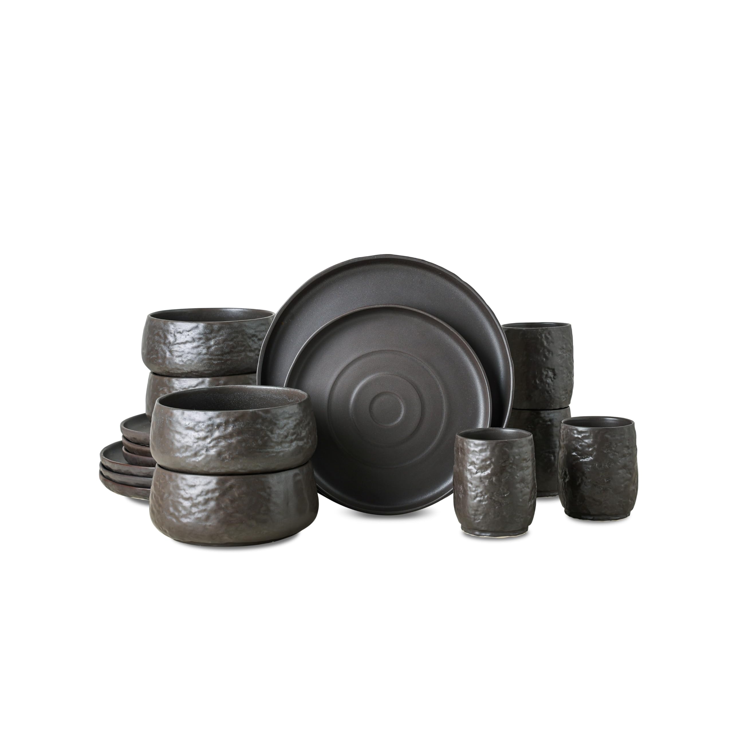 Mercer Project SHOSAI 16-Piece Stoneware Dinnerware Set - Modern Black Plates & Bowls for 4, Durable Stoneware Dishware for Everyday Dining, Dinner Parties & Restaurant Use
