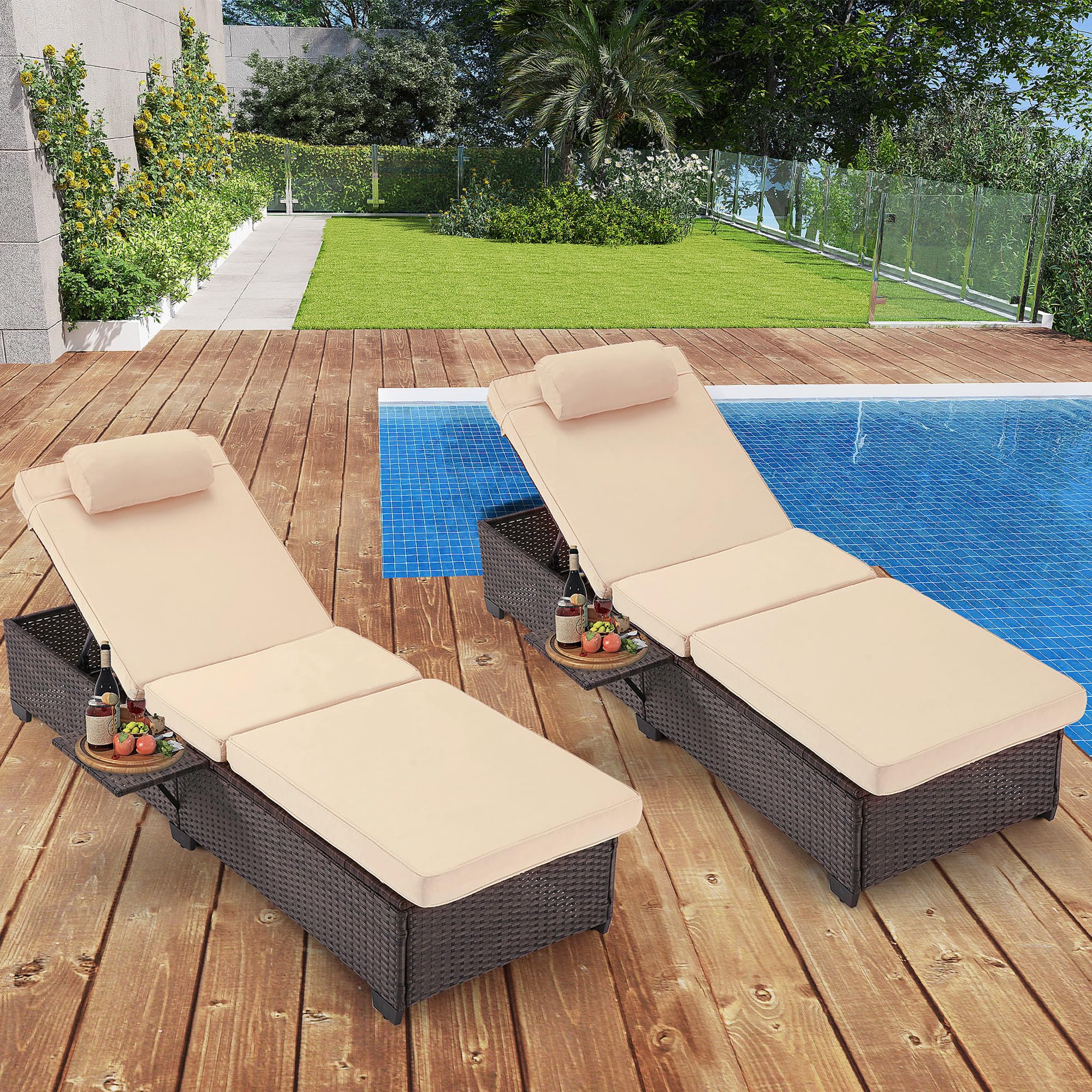 HOMREST 2-Piece PE Wicker Patio Lounge Chair Set with Adjustable Headrest & Soft Cushions - 5 Reclining Positions, Storage Rack - Outdoor Chaise Lounge for Poolside, Backyard, Garden Relaxation (Khaki)