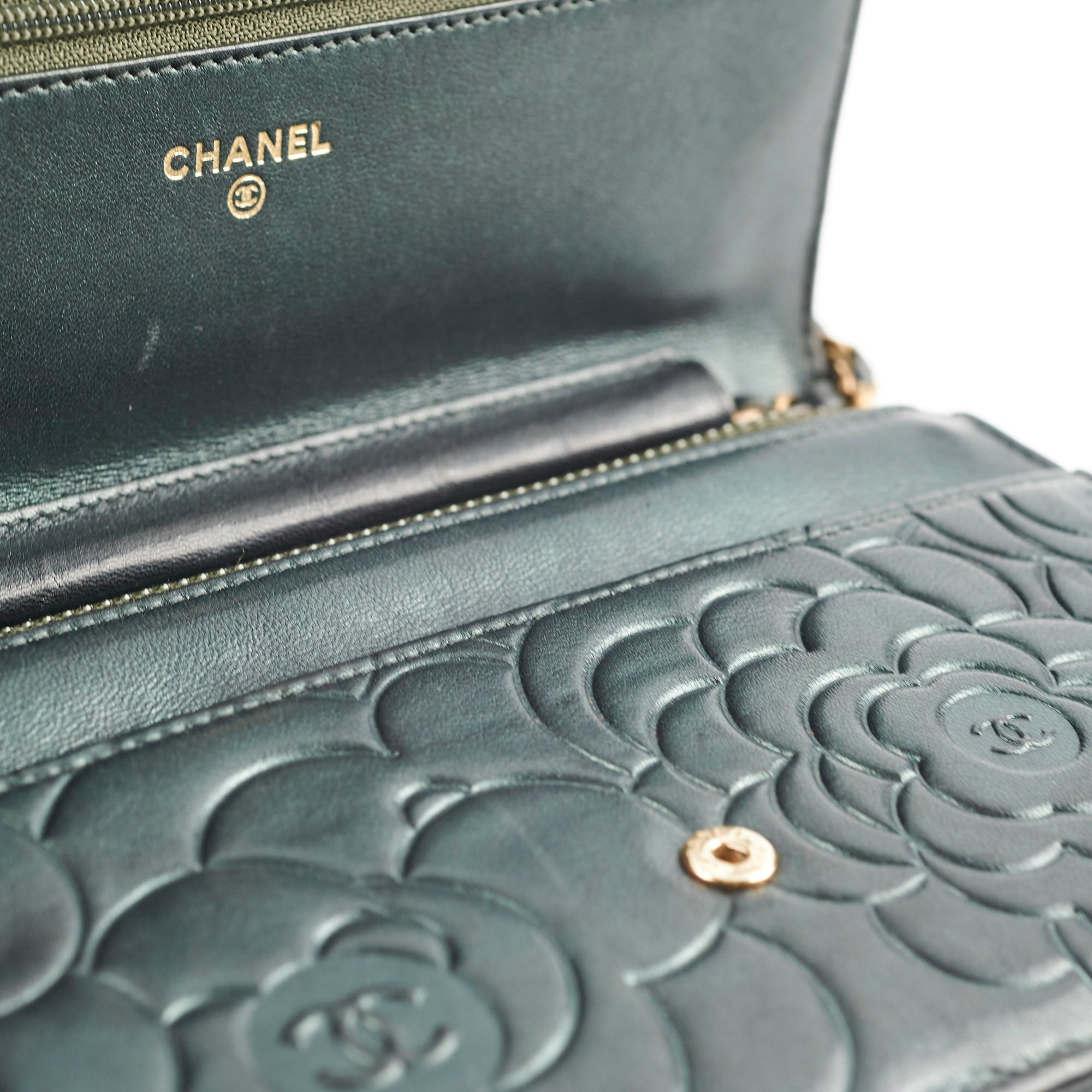 Chanel Camelia Embossed Wallet On Chain WOC Iridescent Green Crossbody Bag - Perfect for Evening Parties, Date Nights & Special Occasions