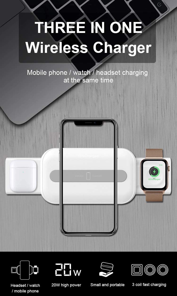 BLANCO 3-in-1 Wireless Charging Station for iPhone 11 Pro Max/X/XS/XR/8 Plus, Apple Watch & AirPods Pro - Fast Qi Wireless Charger for Multiple Devices | Perfect for Home, Office & Travel Charging Needs