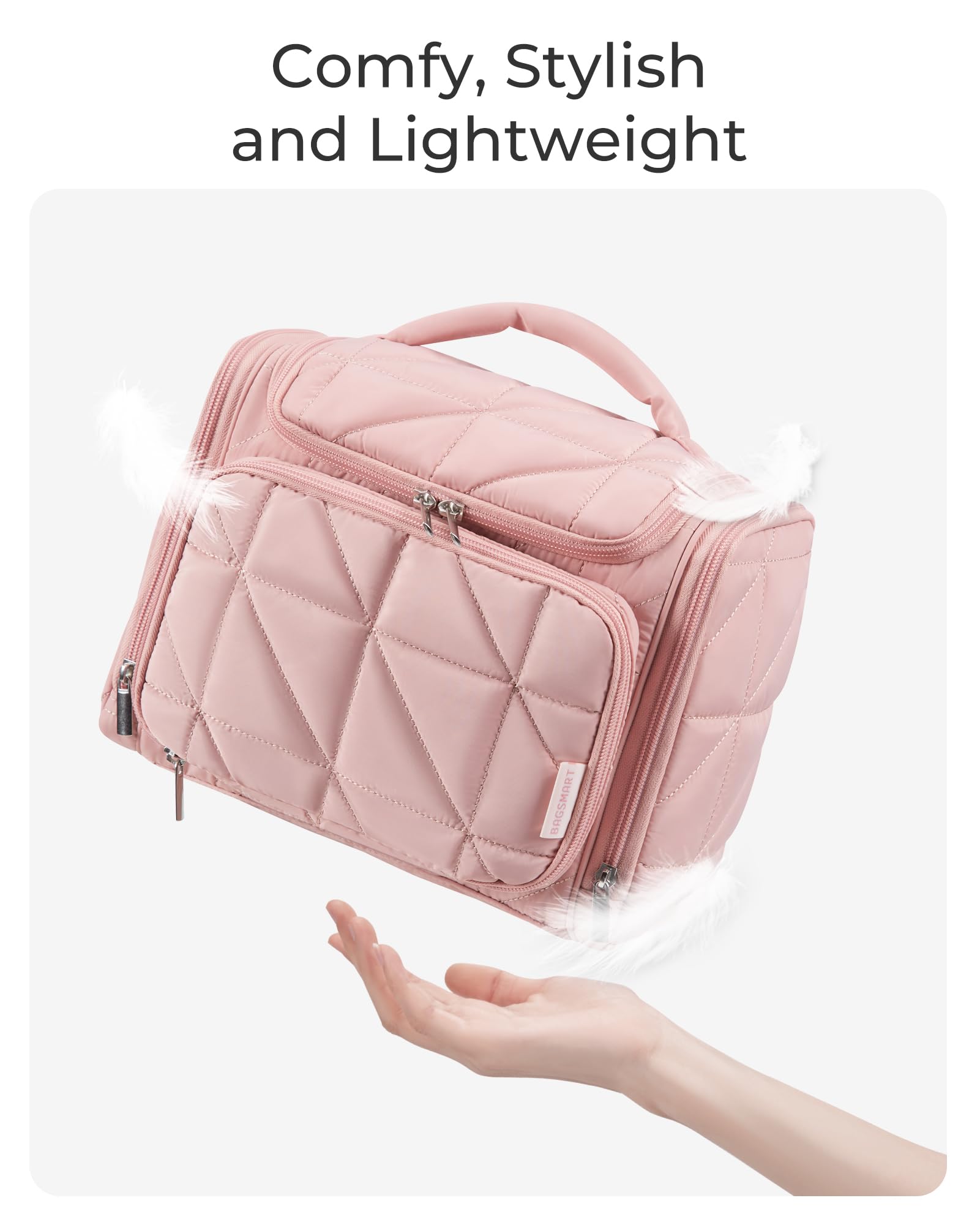 BAGSMART Waterproof Hanging Toiletry Bag for Women - Large Puffy Makeup Travel Organizer with Wide Opening, Lightweight Cosmetic Bag for Accessories & Toiletries (Beige) - Perfect for Air Travel, Camping & Gym Essentials