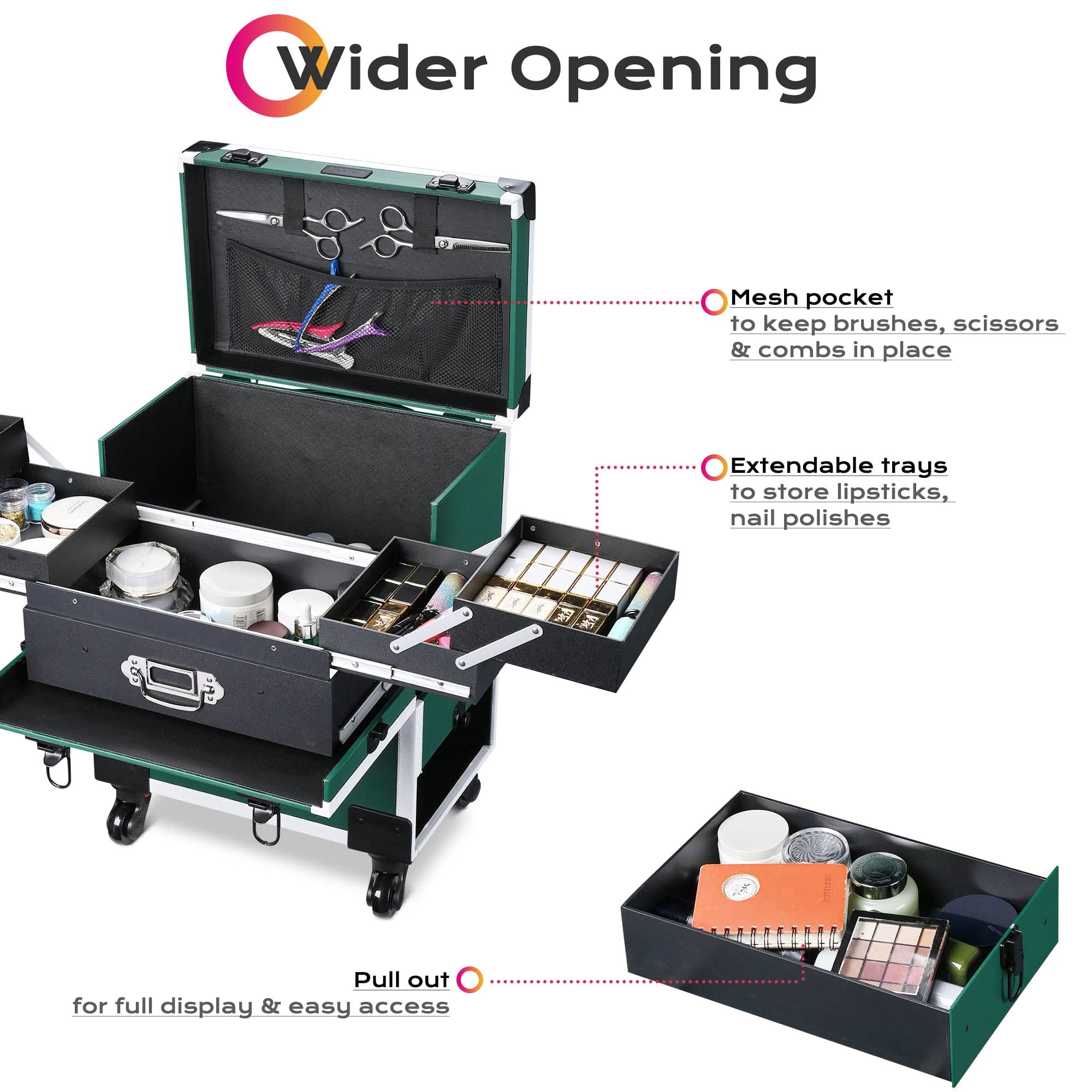 BYOOTIQUE 4-Tier Rolling Makeup Train Case - Lockable Cosmetic Organizer Trolley with Sliding Drawers for Salon, Barber, Nail Tech & Travel | Professional Storage for Makeup Brushes, Nail Polish & Beauty Tools | Perfect for Mobile Artists & Cosmetology Students