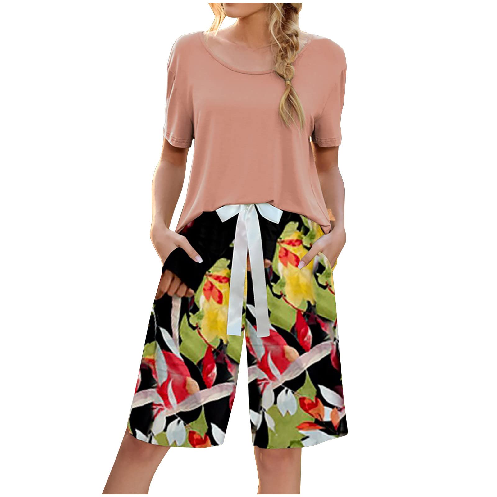 Women's 2-Piece Lounge Set - Soft Short Sleeve Top & Floral Print Loose Shorts with Pockets | Comfortable Casual Outfit for Home, Yoga, Travel & Summer Days