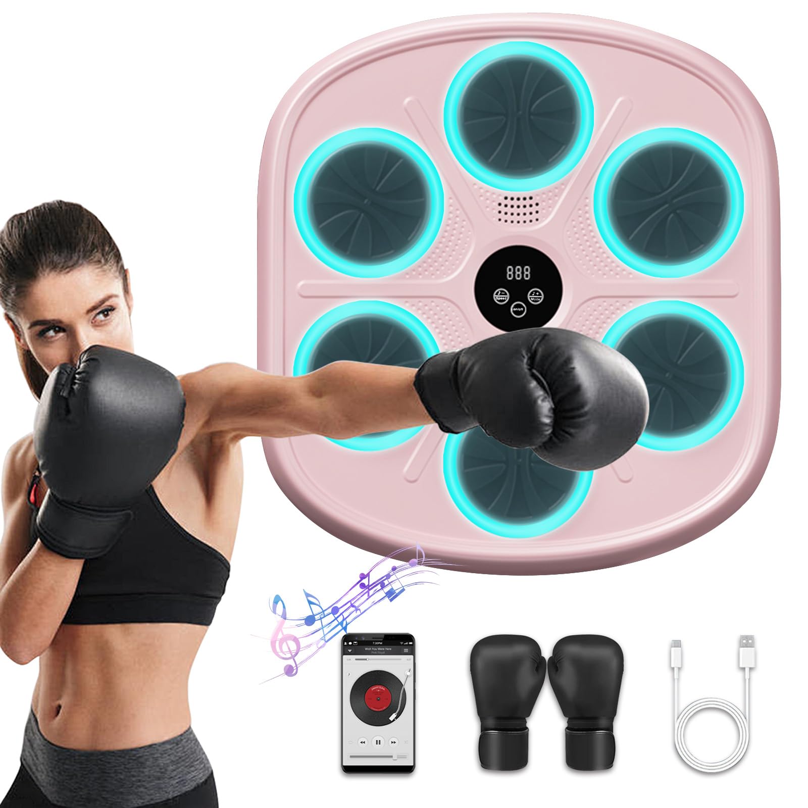 Bluetooth Smart Boxing Machine for Adults - Wall Mounted Music Punching Bag with Gloves, 9 Modes & 9 Speeds - Home Gym Equipment for Fitness, Office Stress Relief & Boxing Workout Training