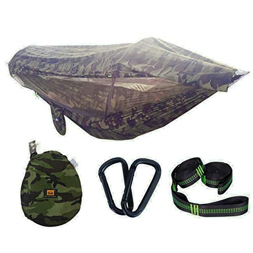 Portable Camping Hammock - High Strength Parachute Fabric with Mosquito Net - 290x145cm Camouflage Outdoor Hanging Bed for Hunting, Backpacking & Relaxation in Nature
