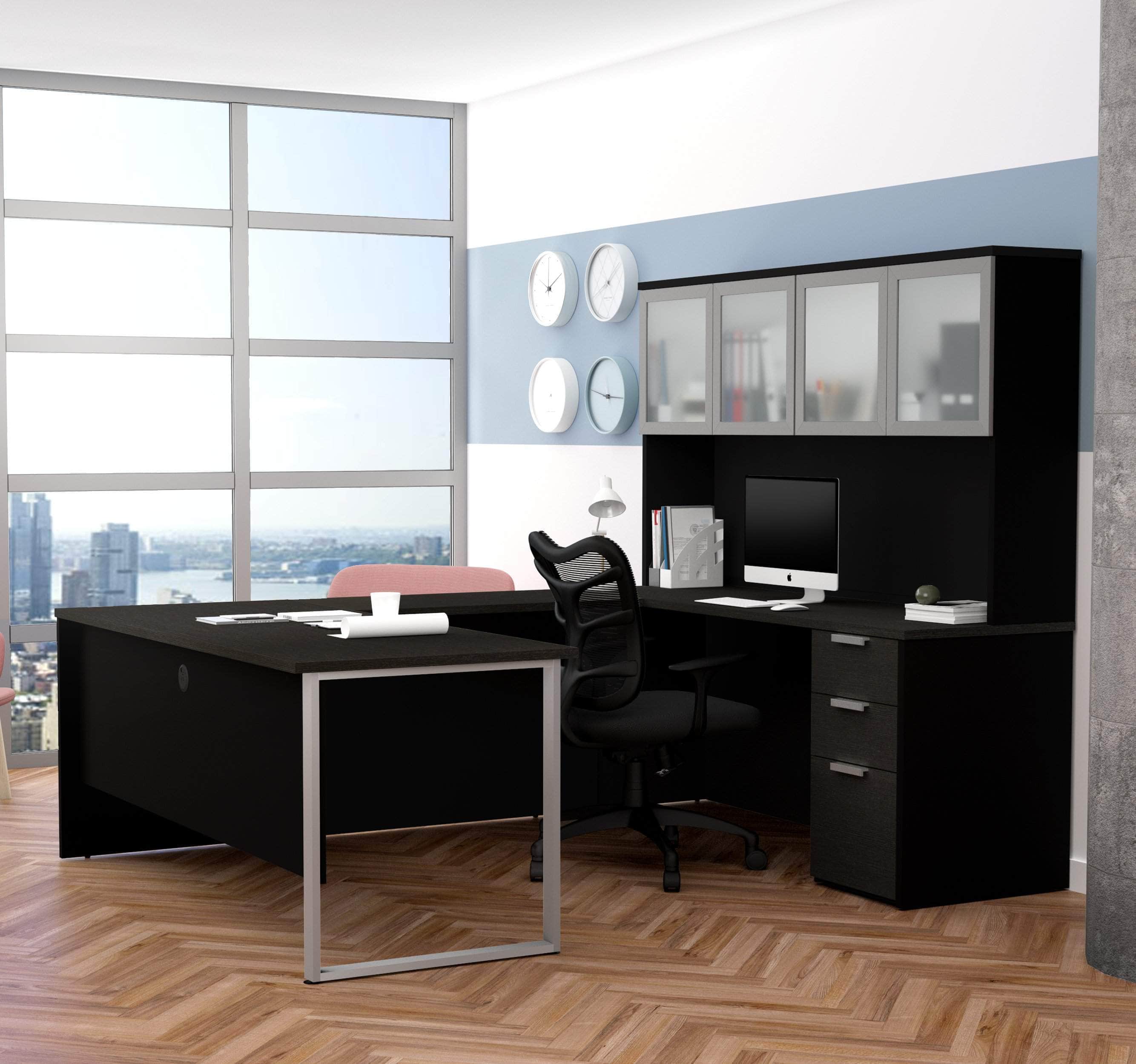 Pro Concept Plus U-Shaped Office Desk with Pedestal & Frosted Glass Door Hutch - 2 Color Options | Home Office Workstation for Professionals & Remote Workers