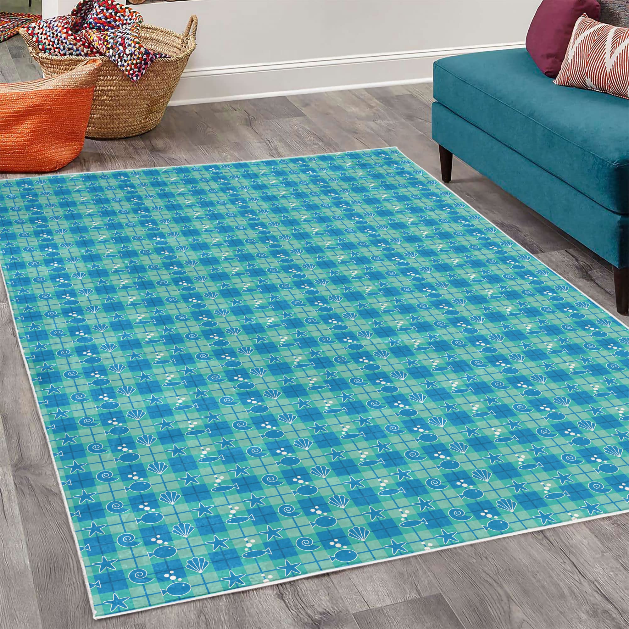 Ambesonne Sea Shells Plaid Pattern Area Rug - Cartoon Marine Silhouettes with Fish, Starfish & Bubbles - Soft Non-Slip Decorative Carpet for Bedroom, Living Room, Dorm - 4' x 5' 5