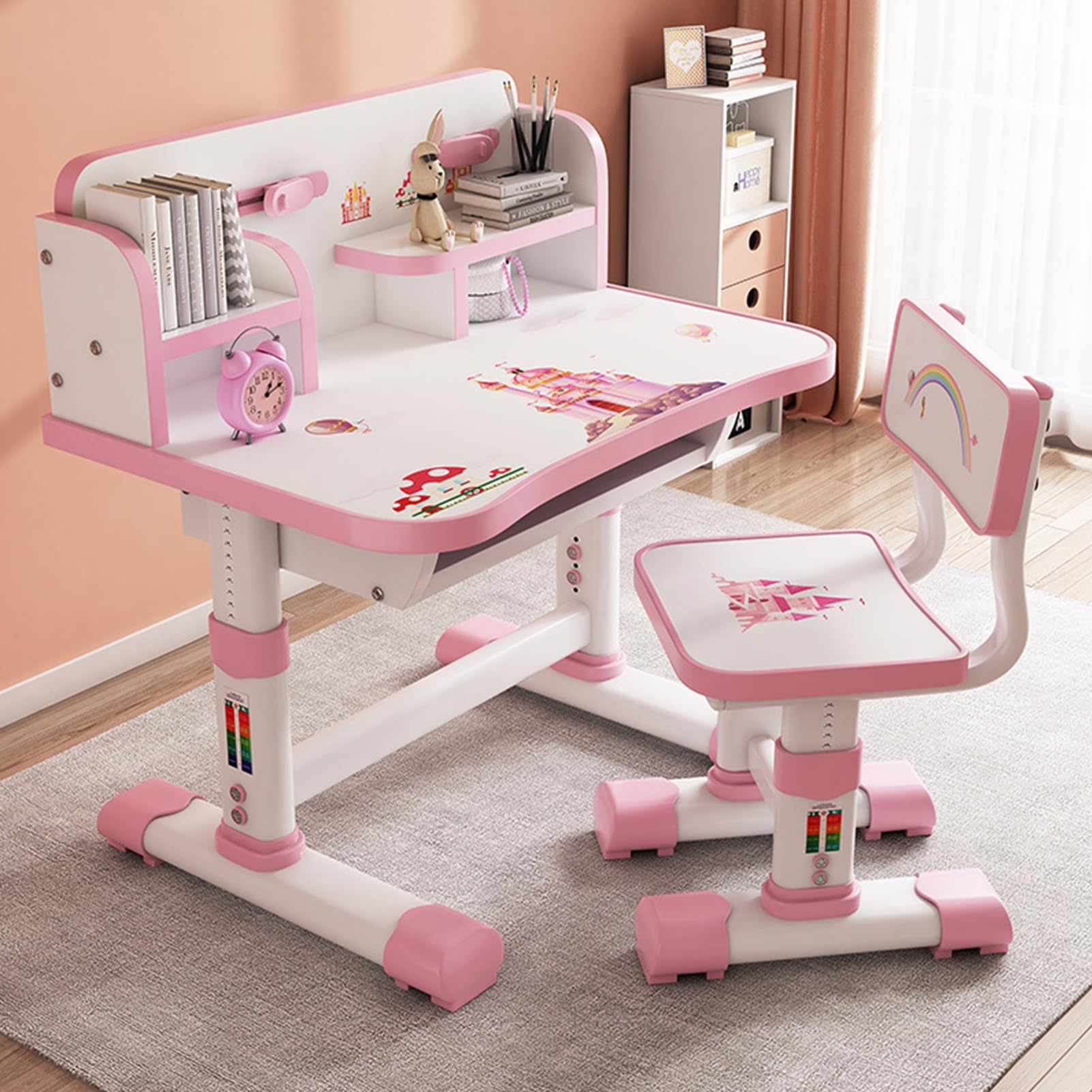 Adjustable Kids Desk and Chair Set - Ergonomic Study Table for Children with Book Stand & Sitting Corrector, Partition Design - Perfect for Homework, Reading & Online Learning (Pink)