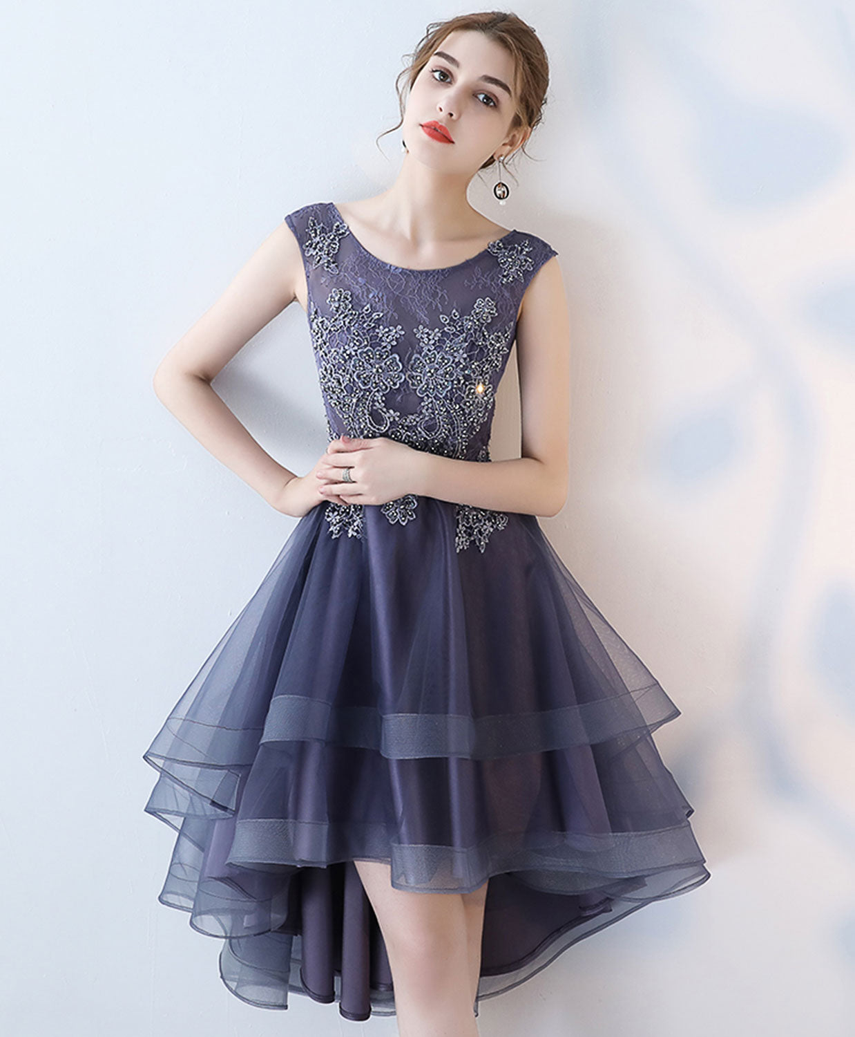 Elegant Purple Round Neck Lace Tulle High-Low Prom Dress for Women - Perfect for Homecoming, Evening Parties & Special Occasions