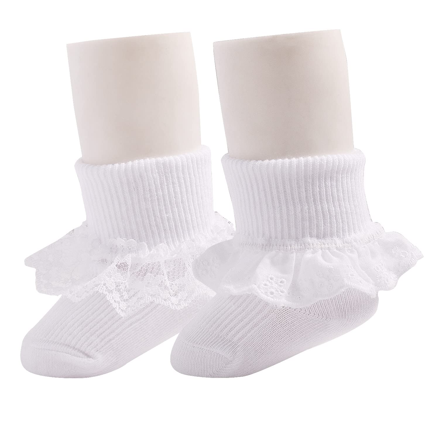 EPEIUS Baby Girl Socks with Eyelet Turn Cuff & Ruffle Lace - 2/3 Pack for Newborn, Infant & Toddler - Perfect for Dressy Outfits, Special Occasions & Photo Shoots