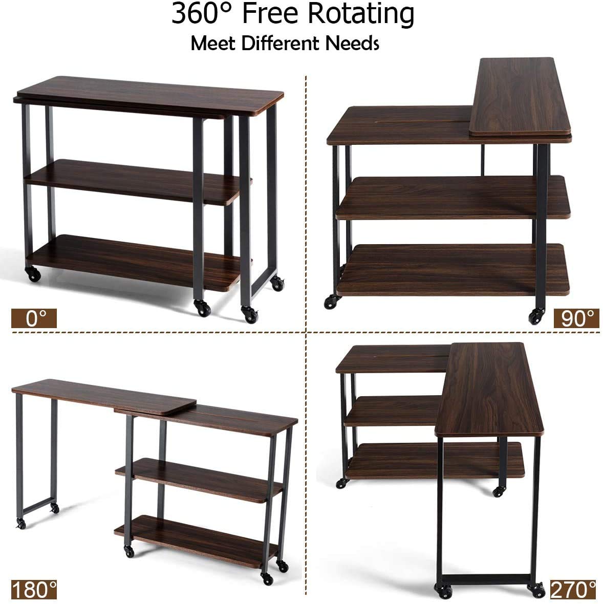360° Rotating Side Table with 2-Tier Shelves & Wheels - Flexible Wood Movable End Table for Couch, Office, Living Room - Space Saving Coffee Table (Walnut) - Perfect for Small Spaces, TV Snacking & Reading Nooks