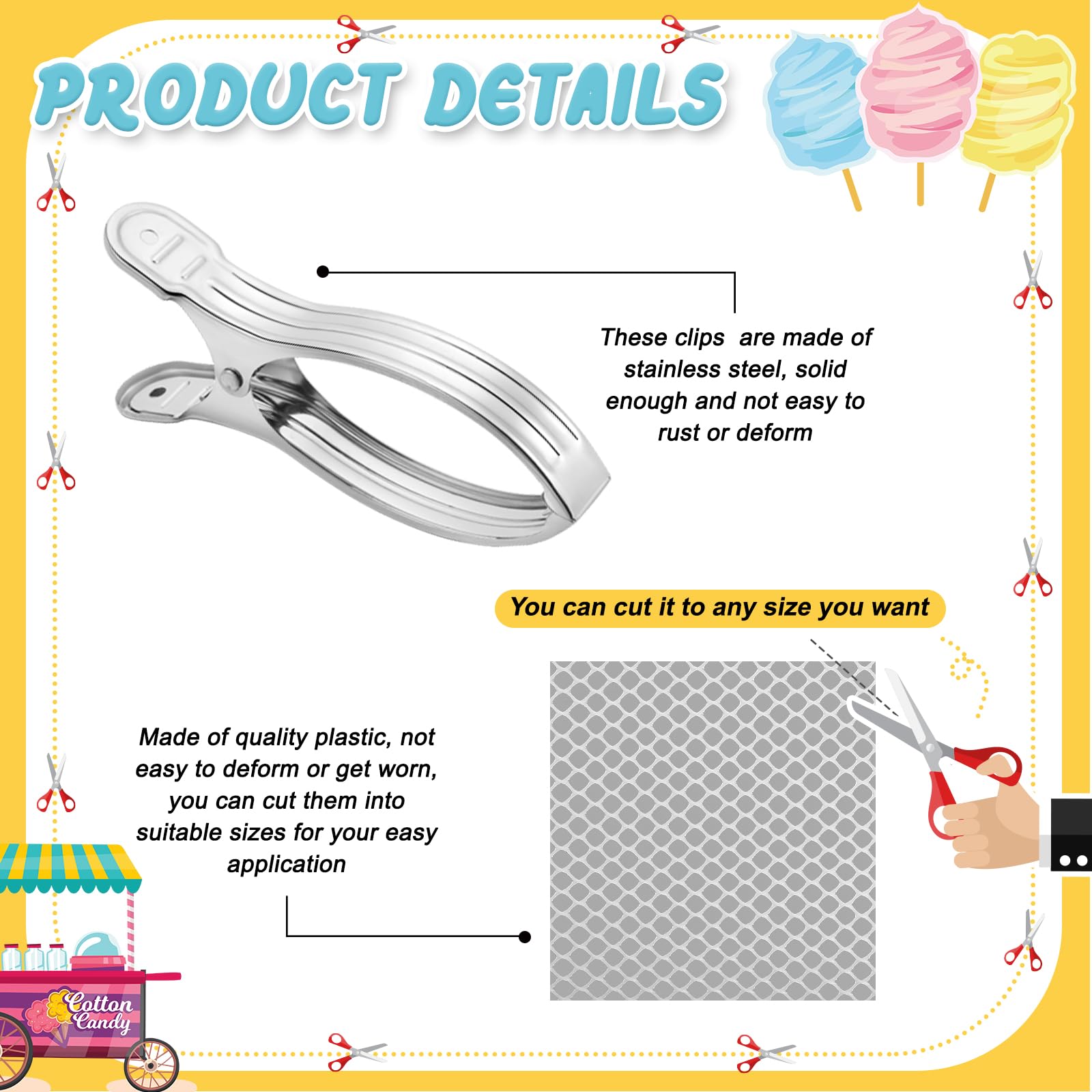 Juexica 3-Piece Cotton Candy Mesh & Clip Stabilizer Kit - Includes 3 Cotton Candy Meshes & 12 Clip Stabilizers - Candy Making Supplies for Cotton Candy Machines - Perfect for Parties, Carnivals & Home Use